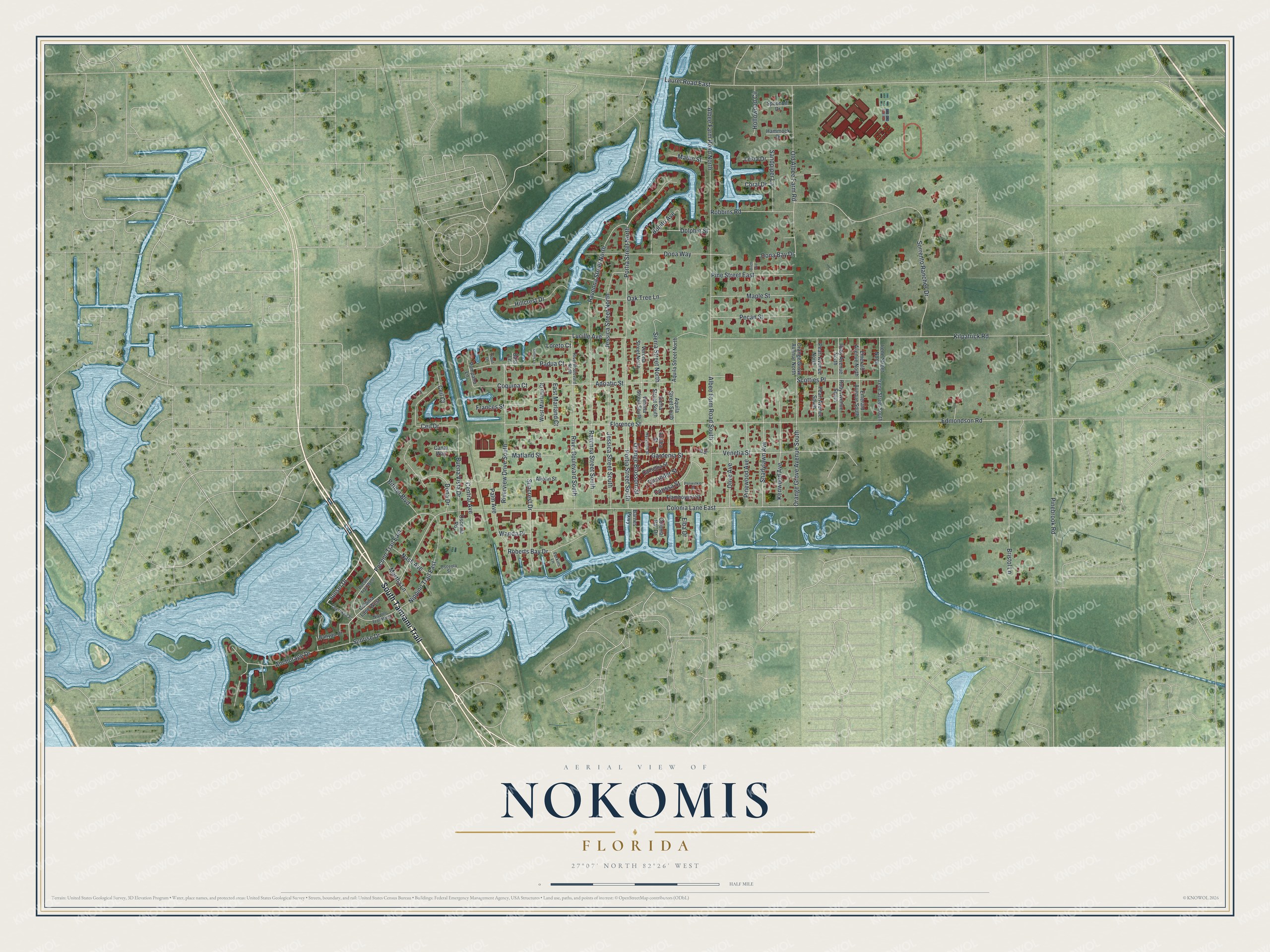 Full map of Nokomis, Florida, with red buildings, printed street names and the land around them