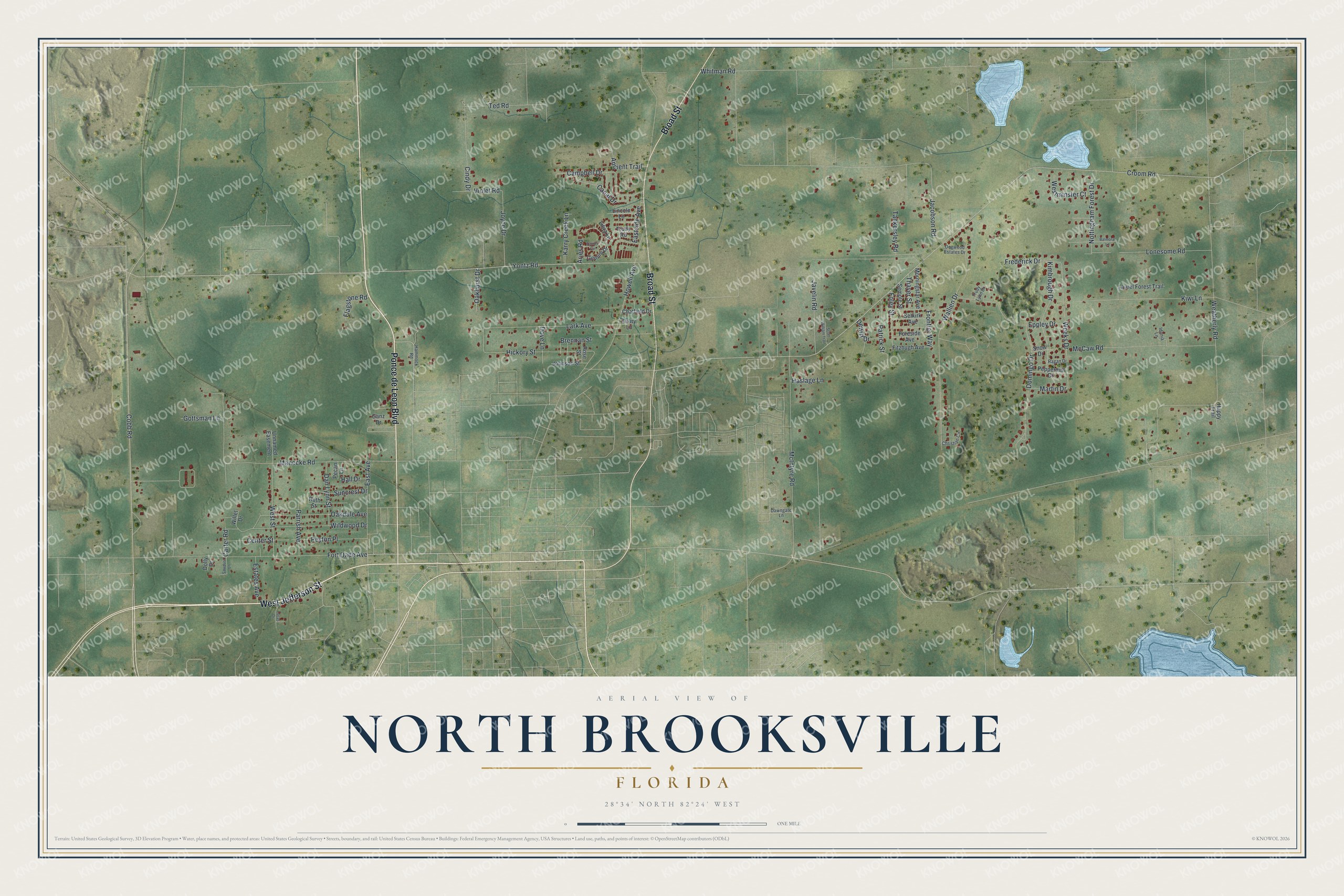 Full map of North Brooksville, Florida, with red buildings, printed street names and the land around them