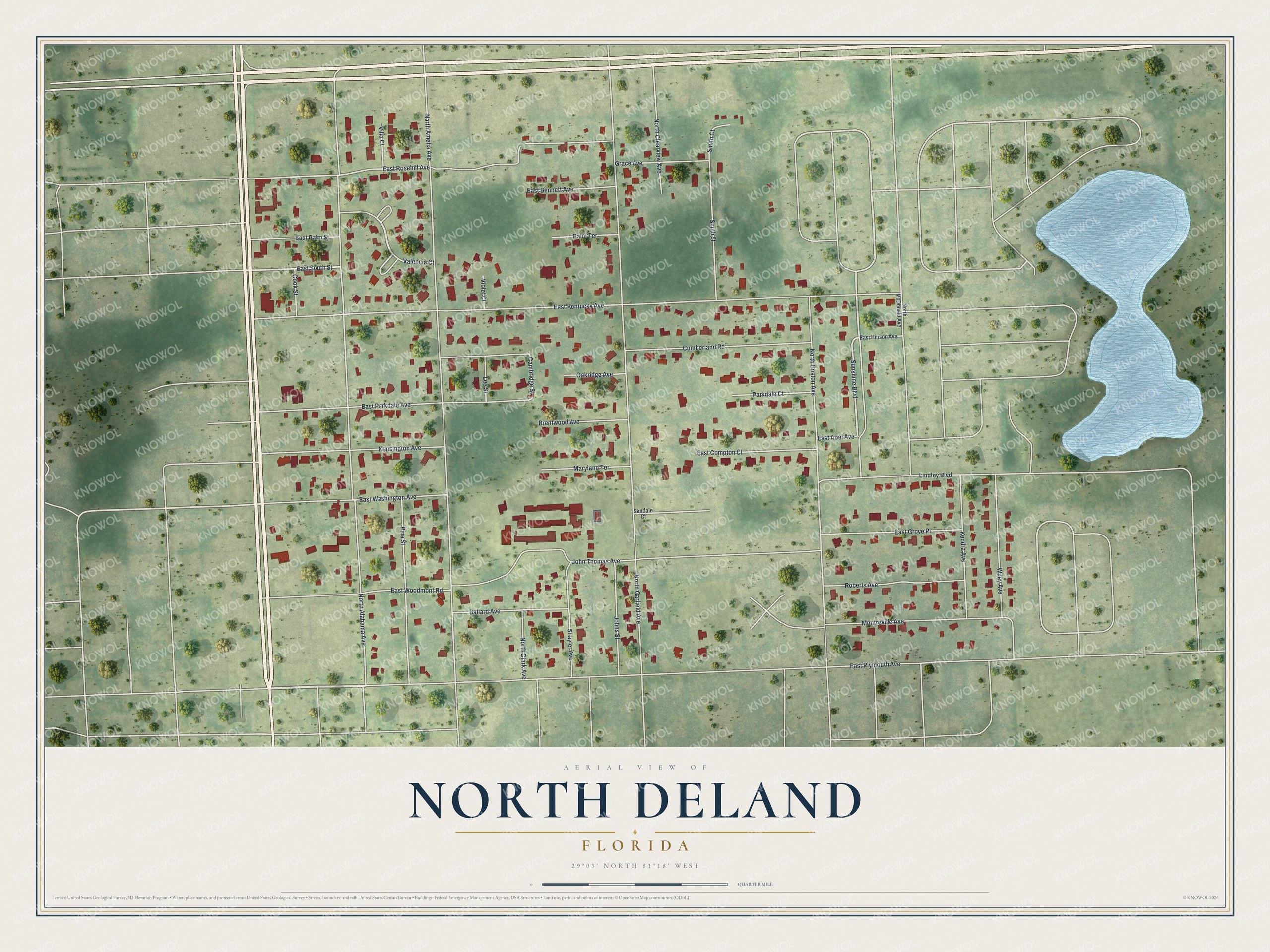 Full map of North DeLand, Florida, with red buildings, printed street names and the land around them