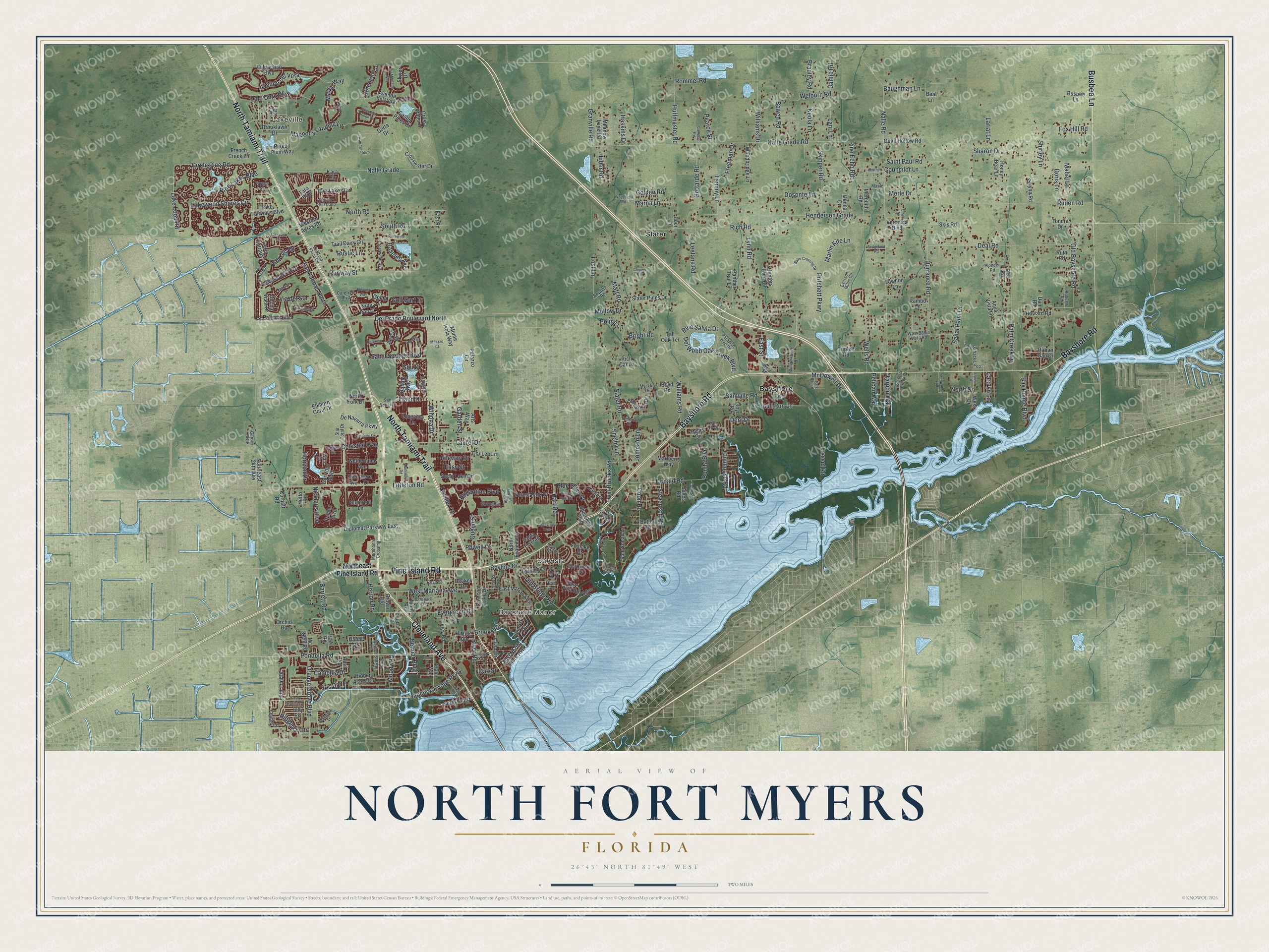 Full map of North Fort Myers, Florida, with red buildings, printed street names and the land around them