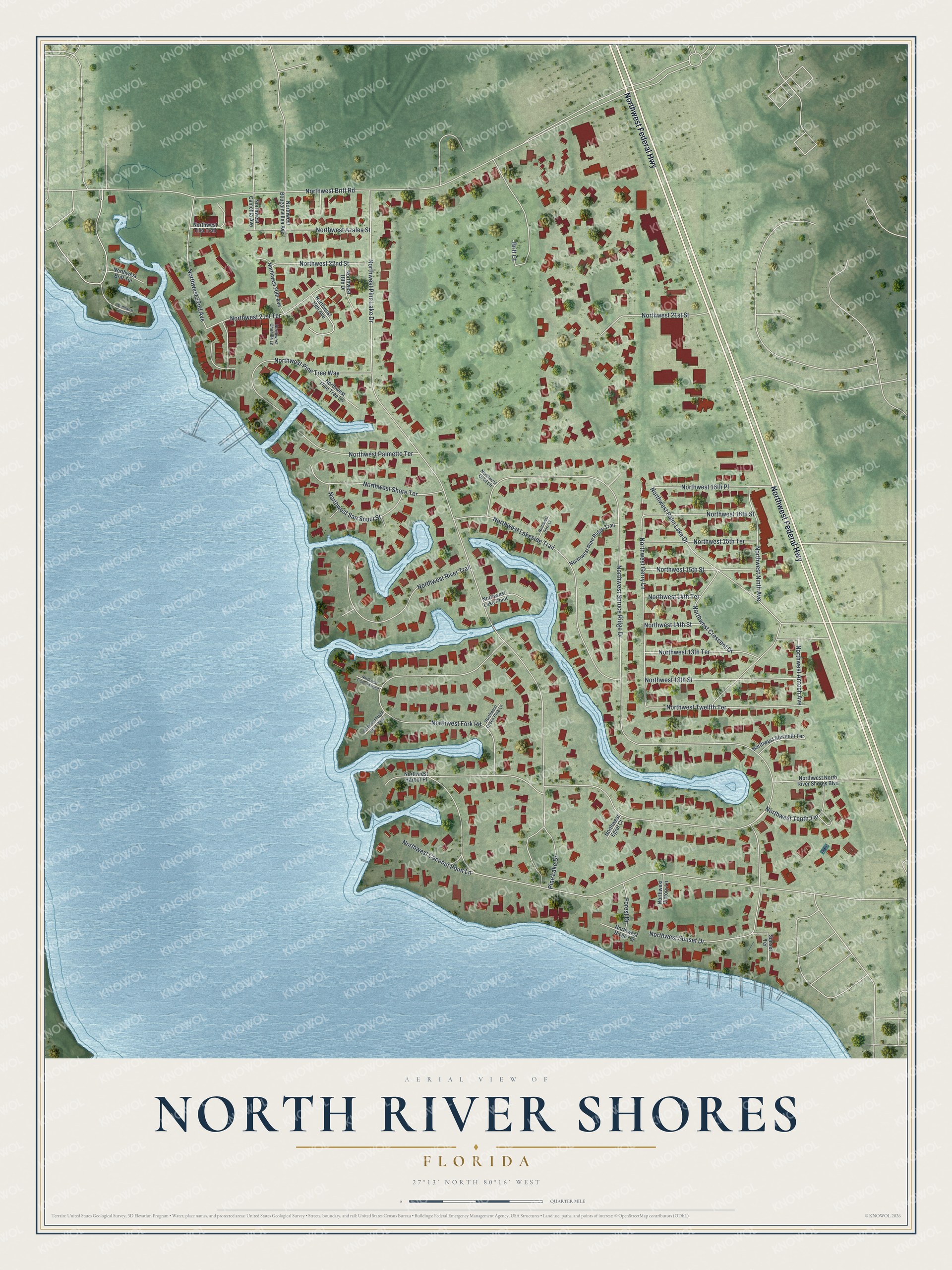 Full map of North River Shores, Florida, with red buildings, printed street names and the land around them