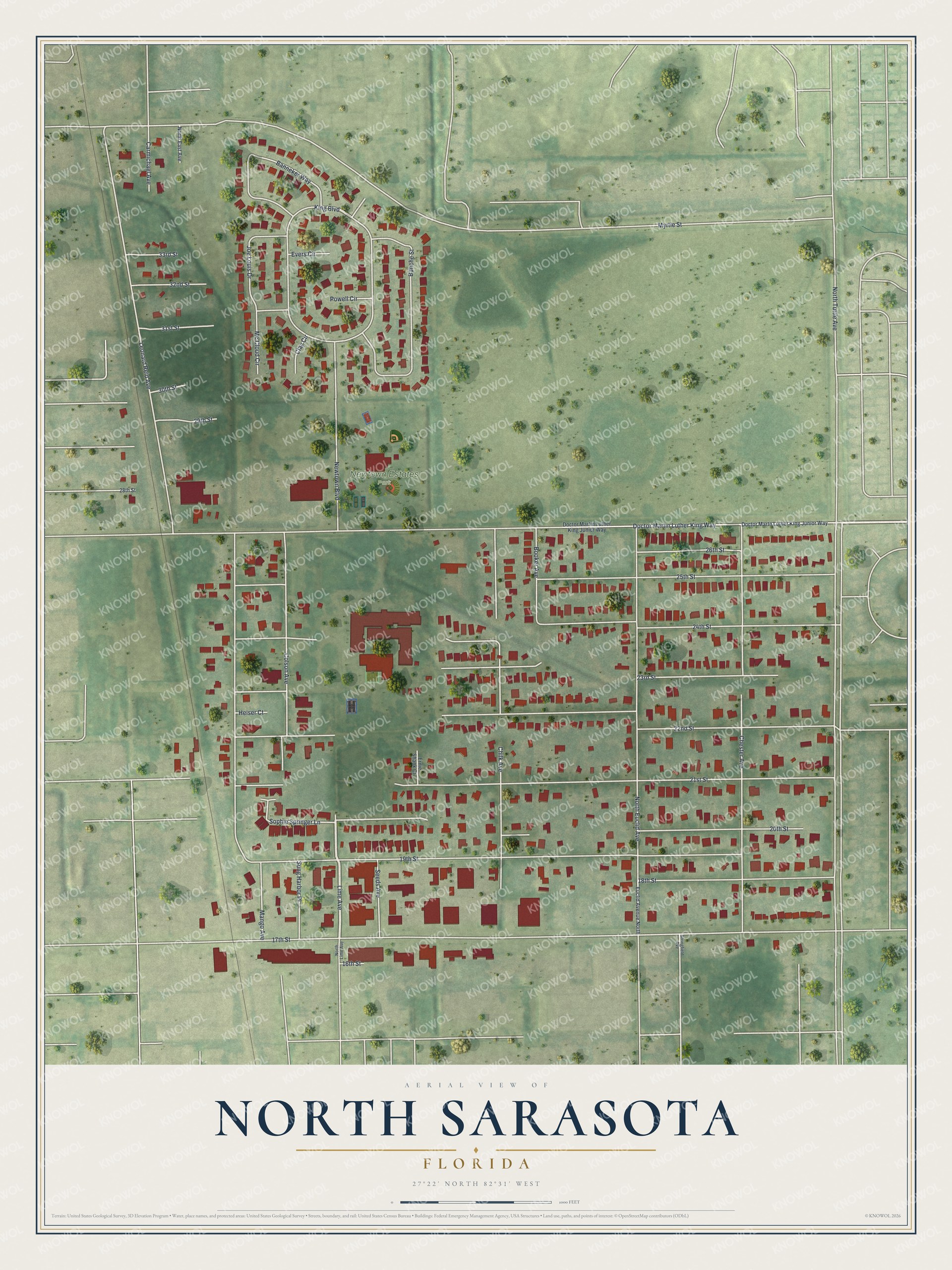 Full map of North Sarasota, Florida, with red buildings, printed street names and the land around them