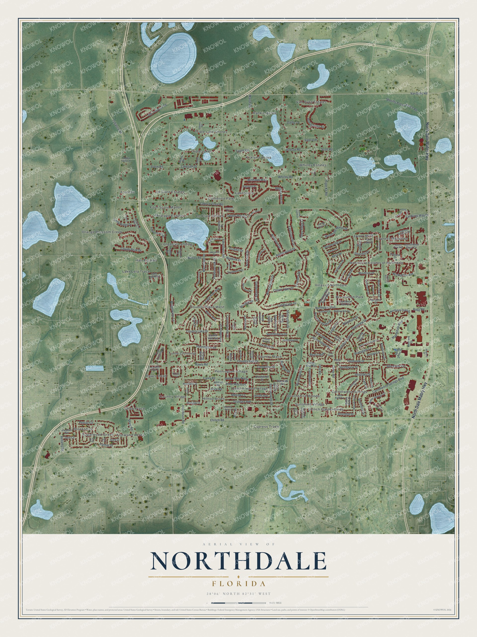 Full map of Northdale, Florida, with red buildings, printed street names and the land around them