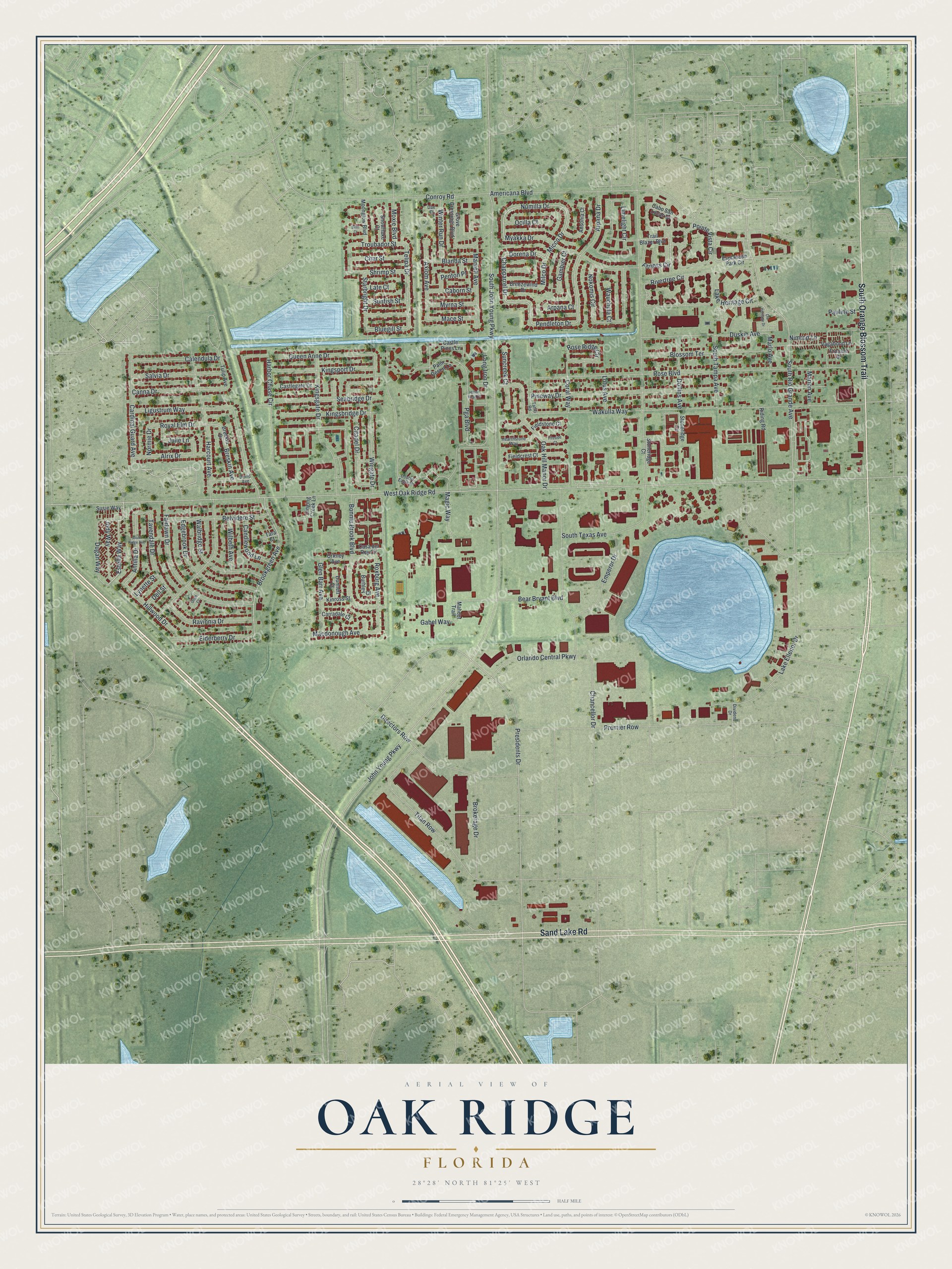 Full map of Oak Ridge, Florida, with red buildings, printed street names and the land around them