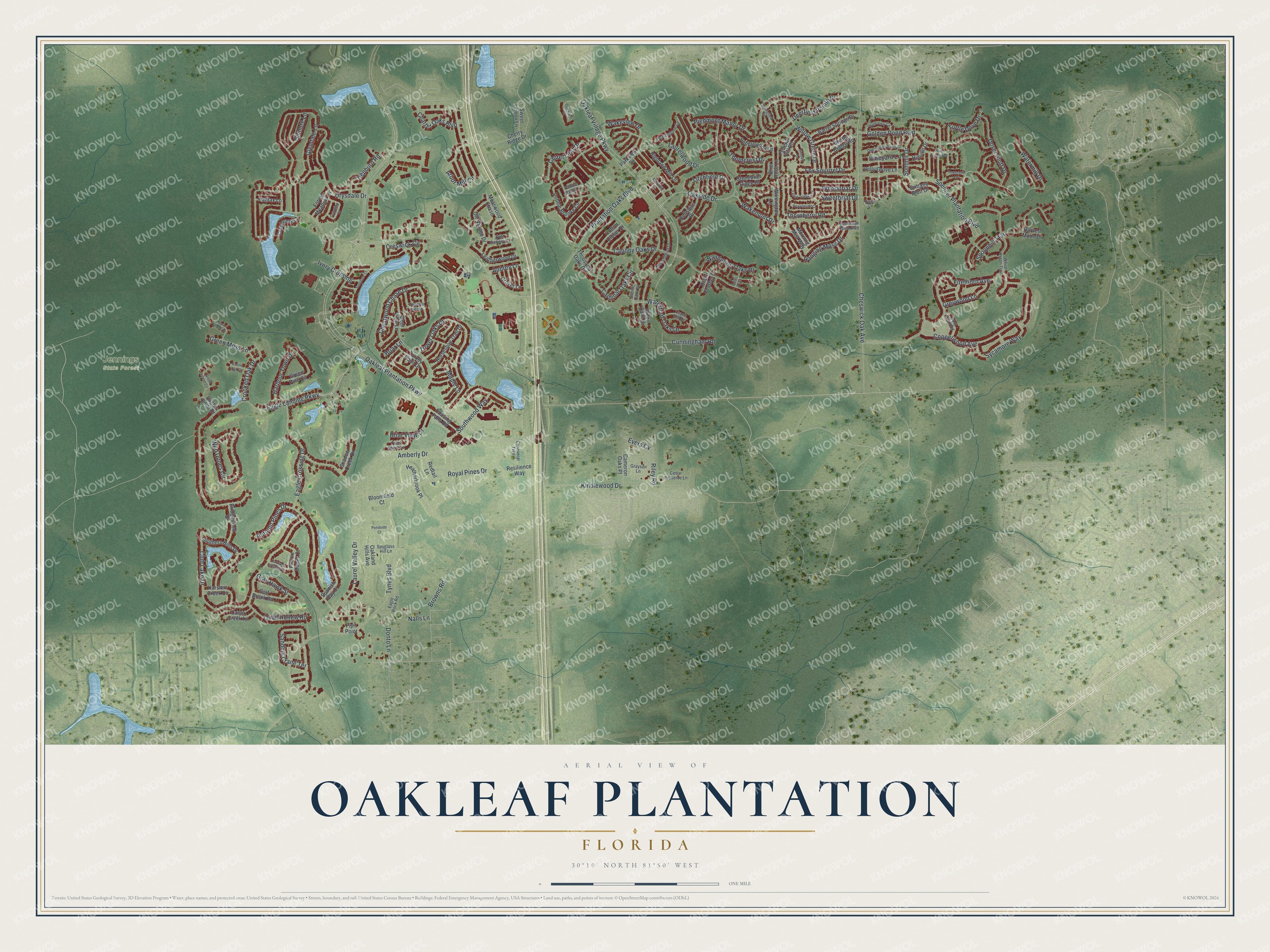 Full map of Oakleaf Plantation, Florida, with red buildings, printed street names and the land around them