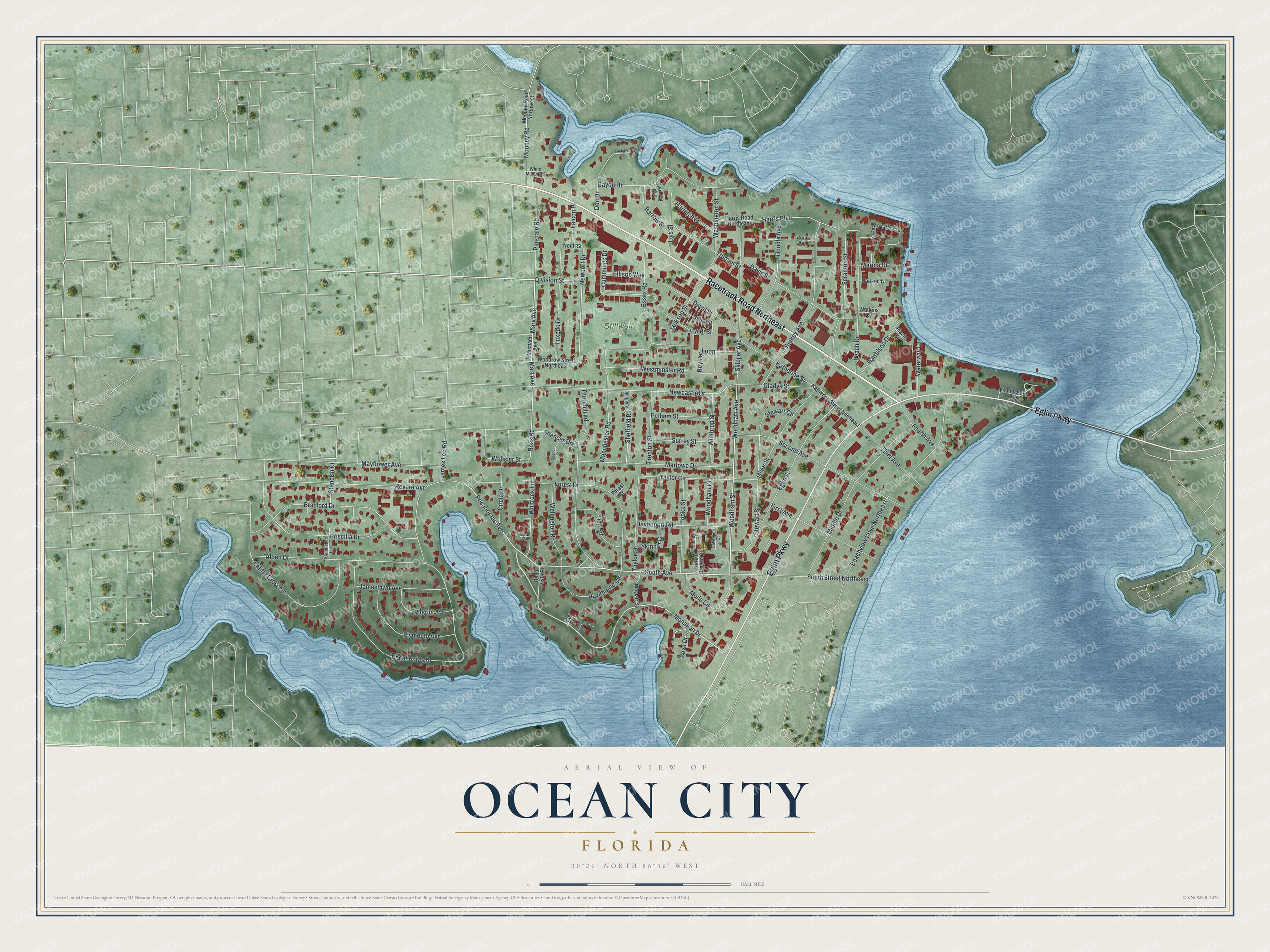 Full map of Ocean City, Florida, with red buildings, printed street names and the land around them