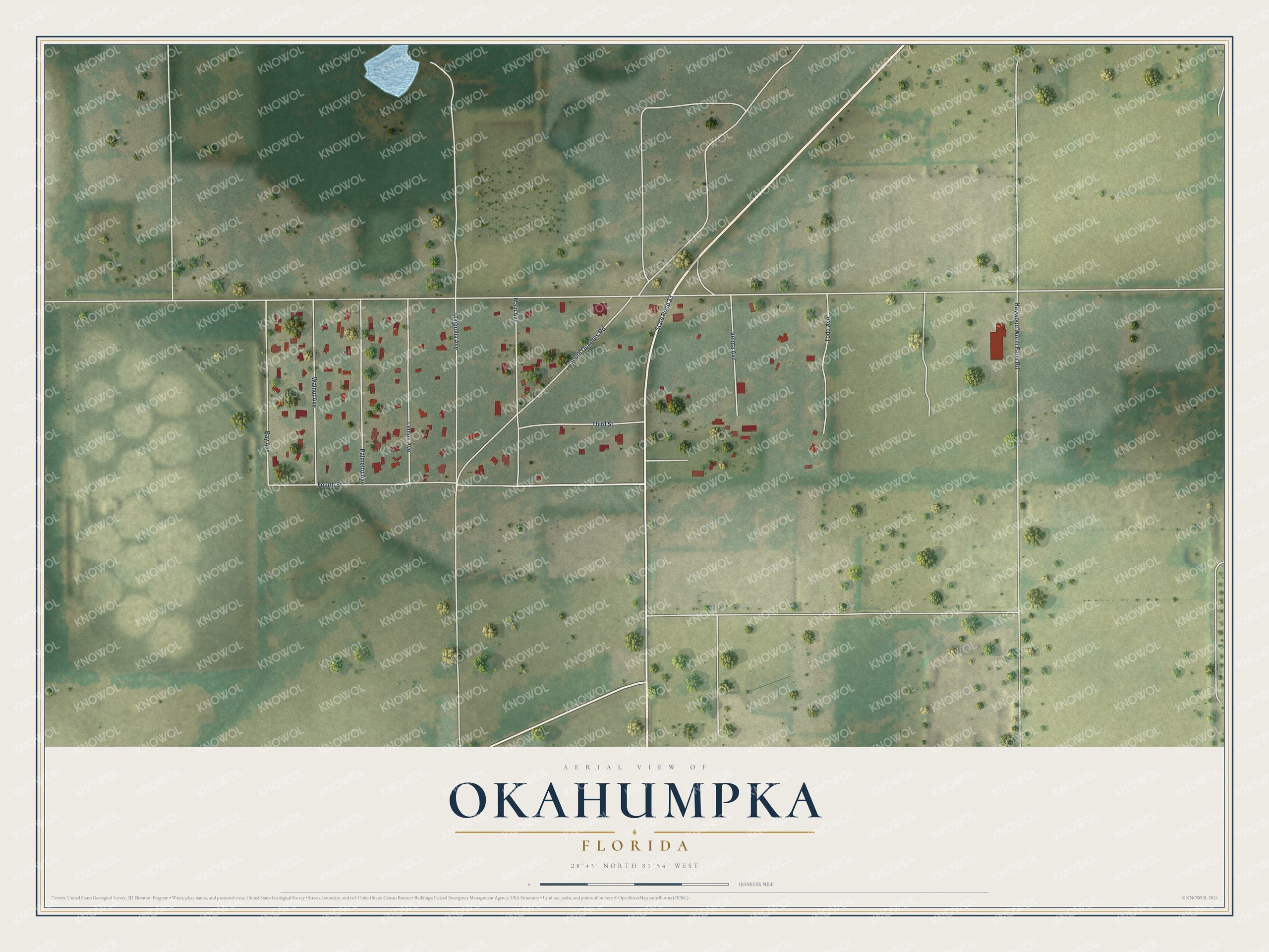 Full map of Okahumpka, Florida, with red buildings, printed street names and the land around them