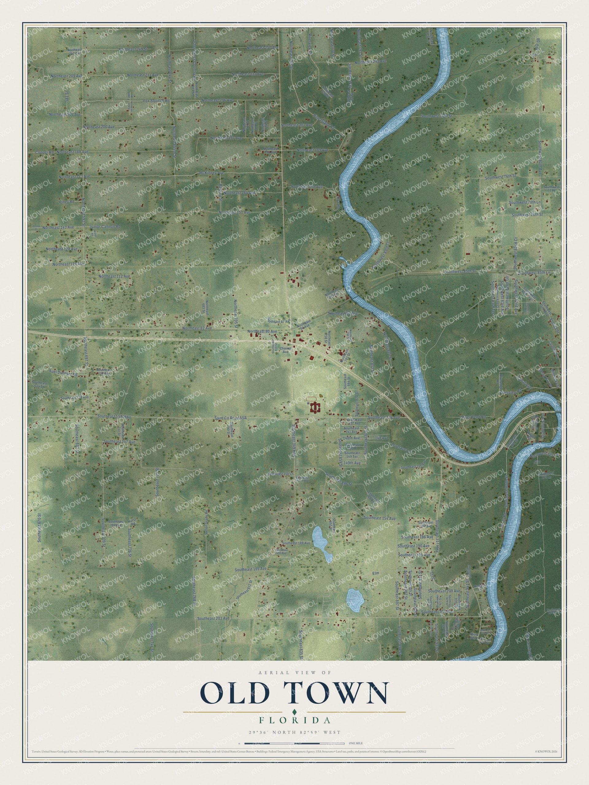 Full map of Old Town, Florida, with red buildings, printed street names and the land around them