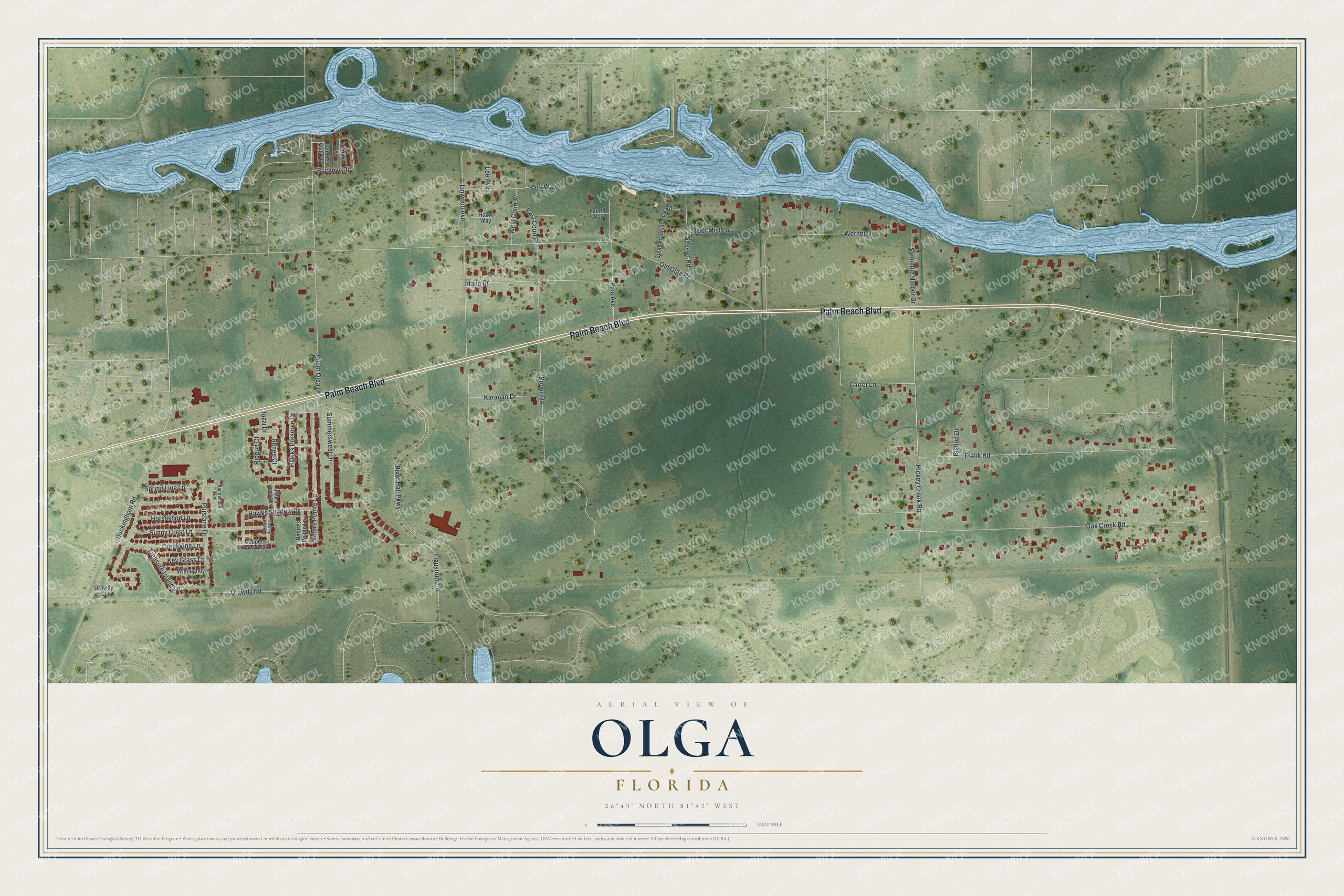 Full map of Olga, Florida, with red buildings, printed street names and the land around them