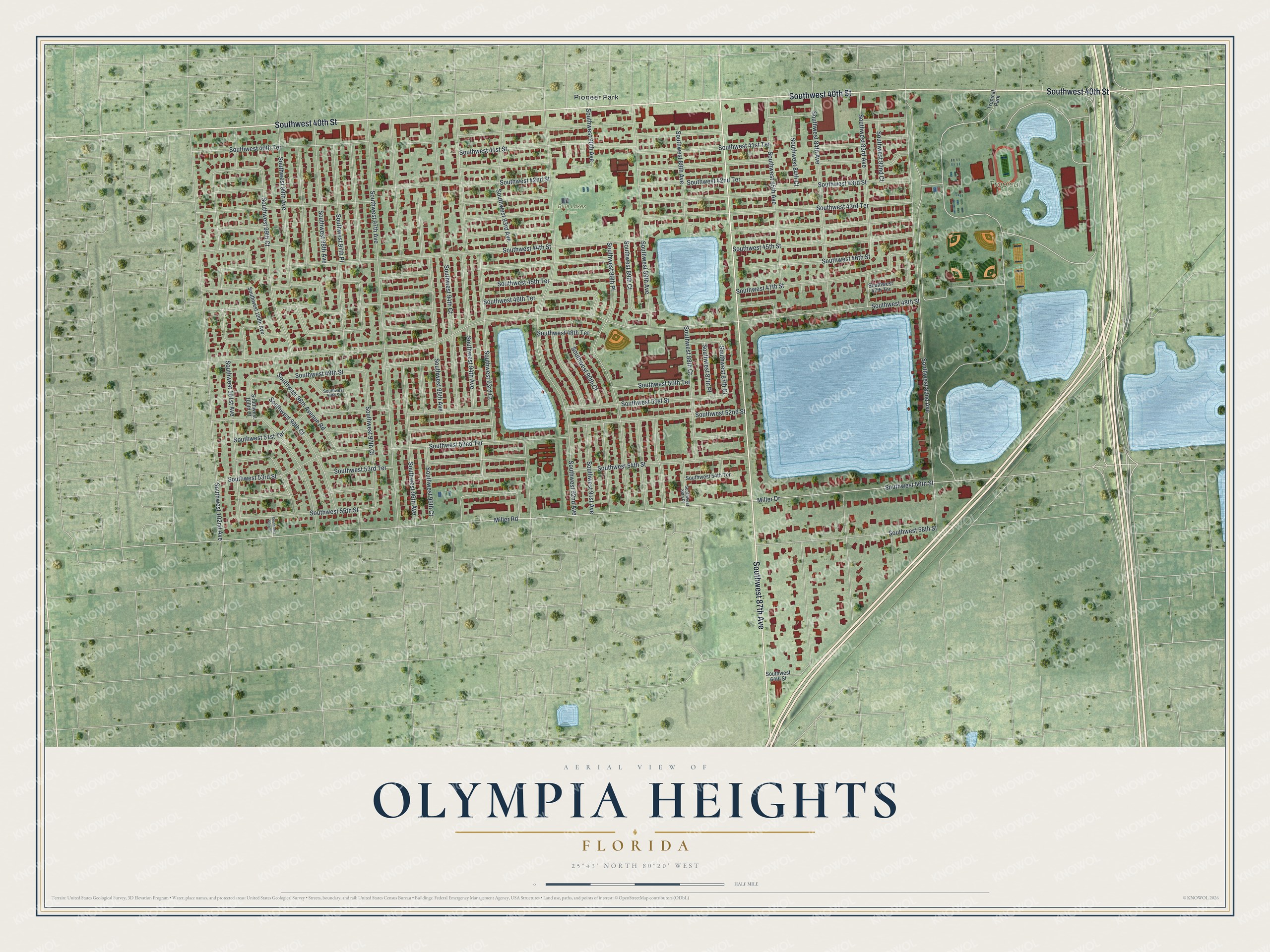 Full map of Olympia Heights, Florida, with red buildings, printed street names and the land around them