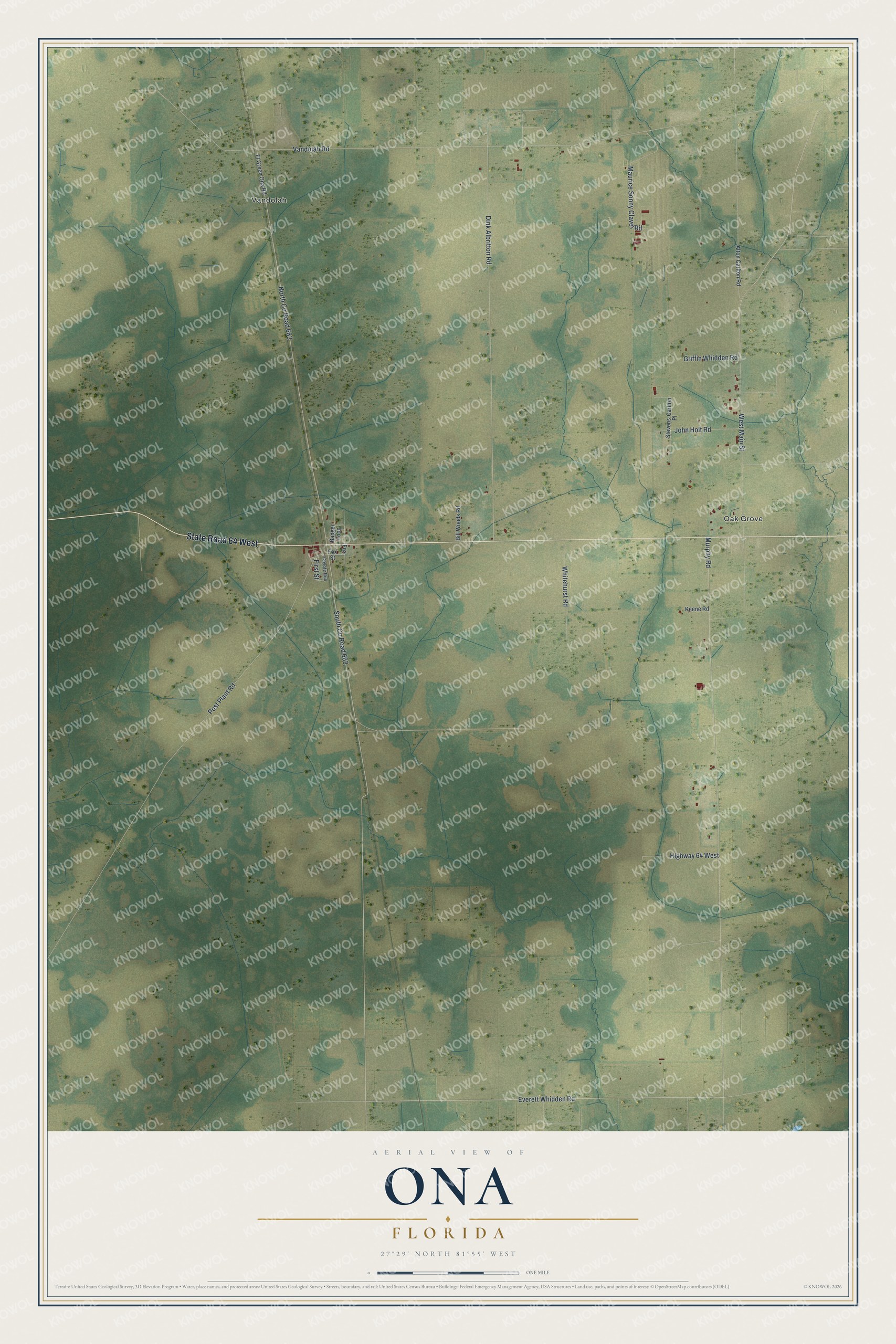 Full map of Ona, Florida, with red buildings, printed street names and the land around them