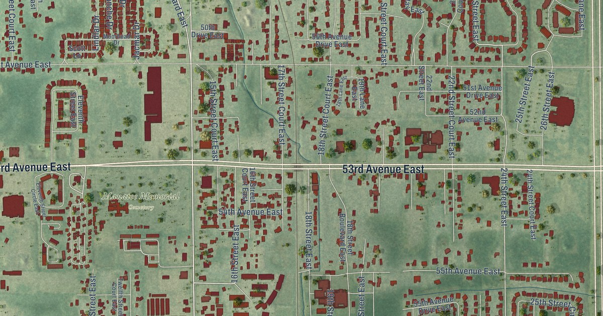 Close-up of streets and buildings in Oneco, Florida
