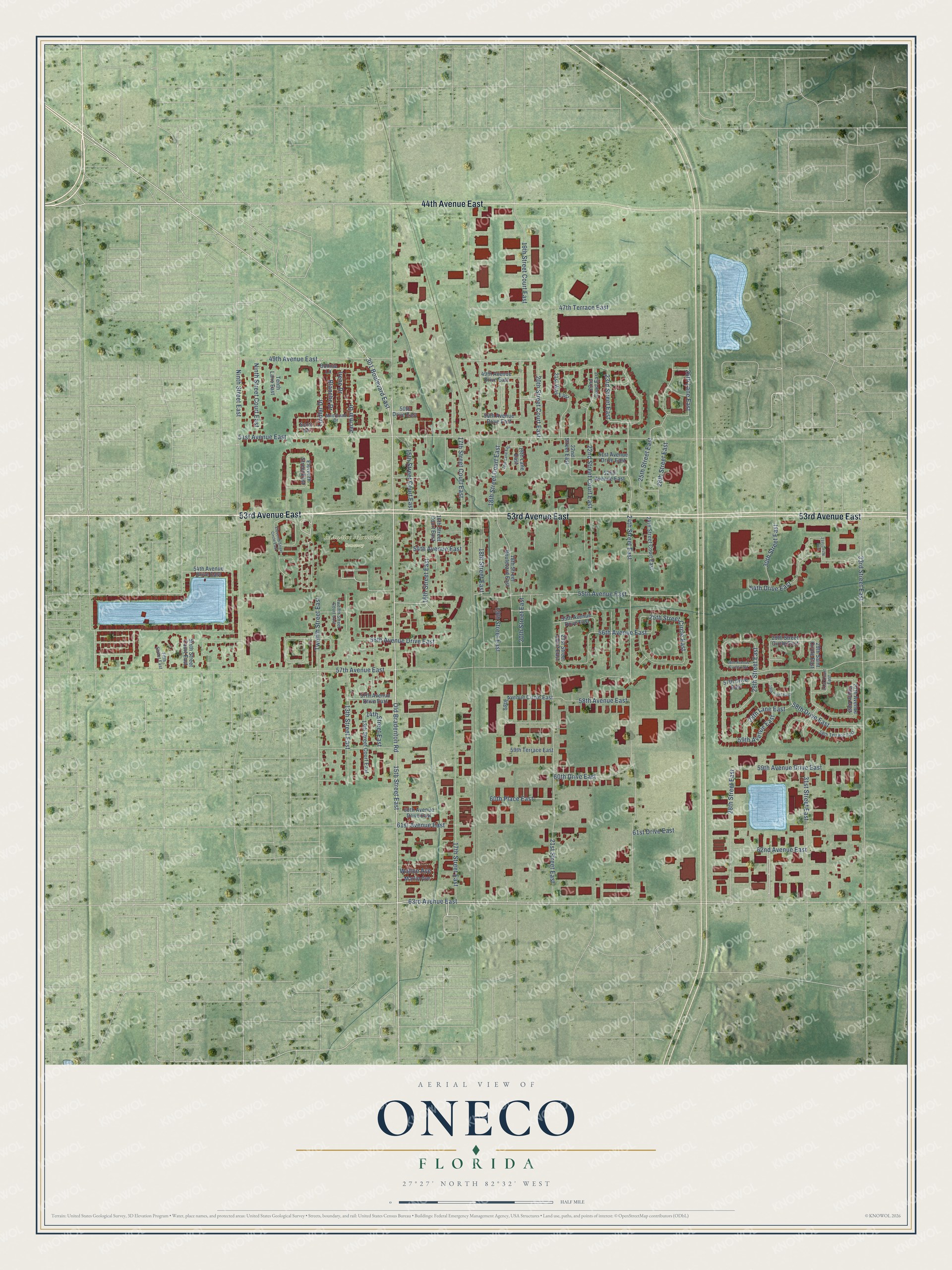 Full map of Oneco, Florida, with red buildings, printed street names and the land around them