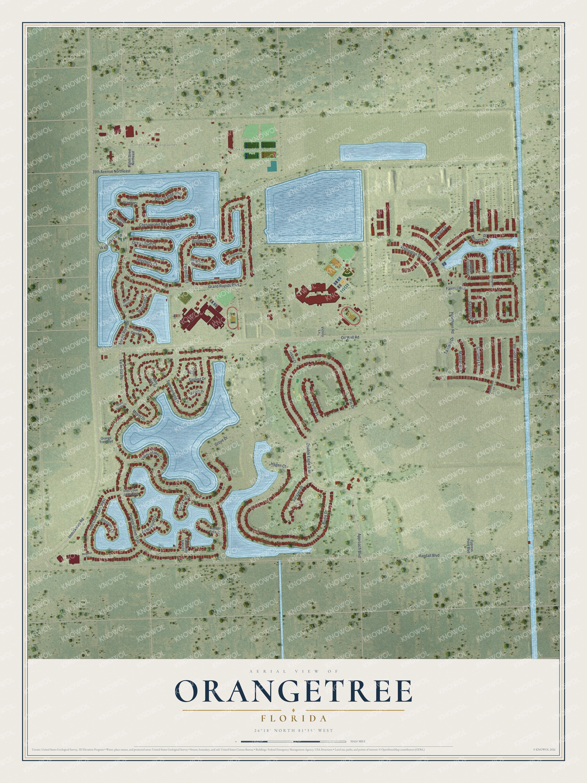 Full map of Orangetree, Florida, with red buildings, printed street names and the land around them