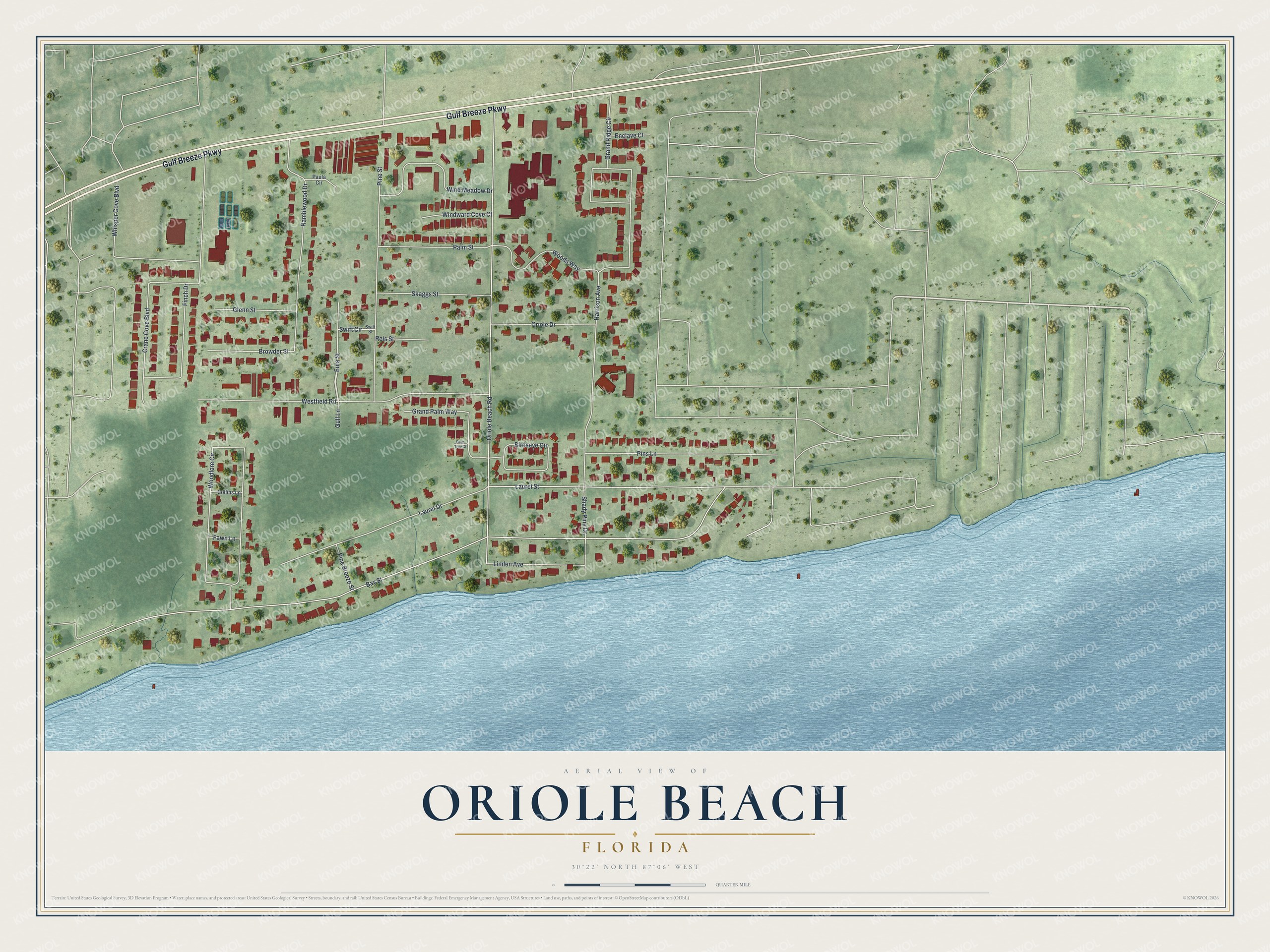 Full map of Oriole Beach, Florida, with red buildings, printed street names and the land around them