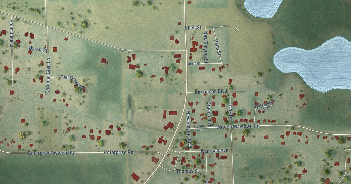 Close-up of streets and buildings in Osteen, Florida