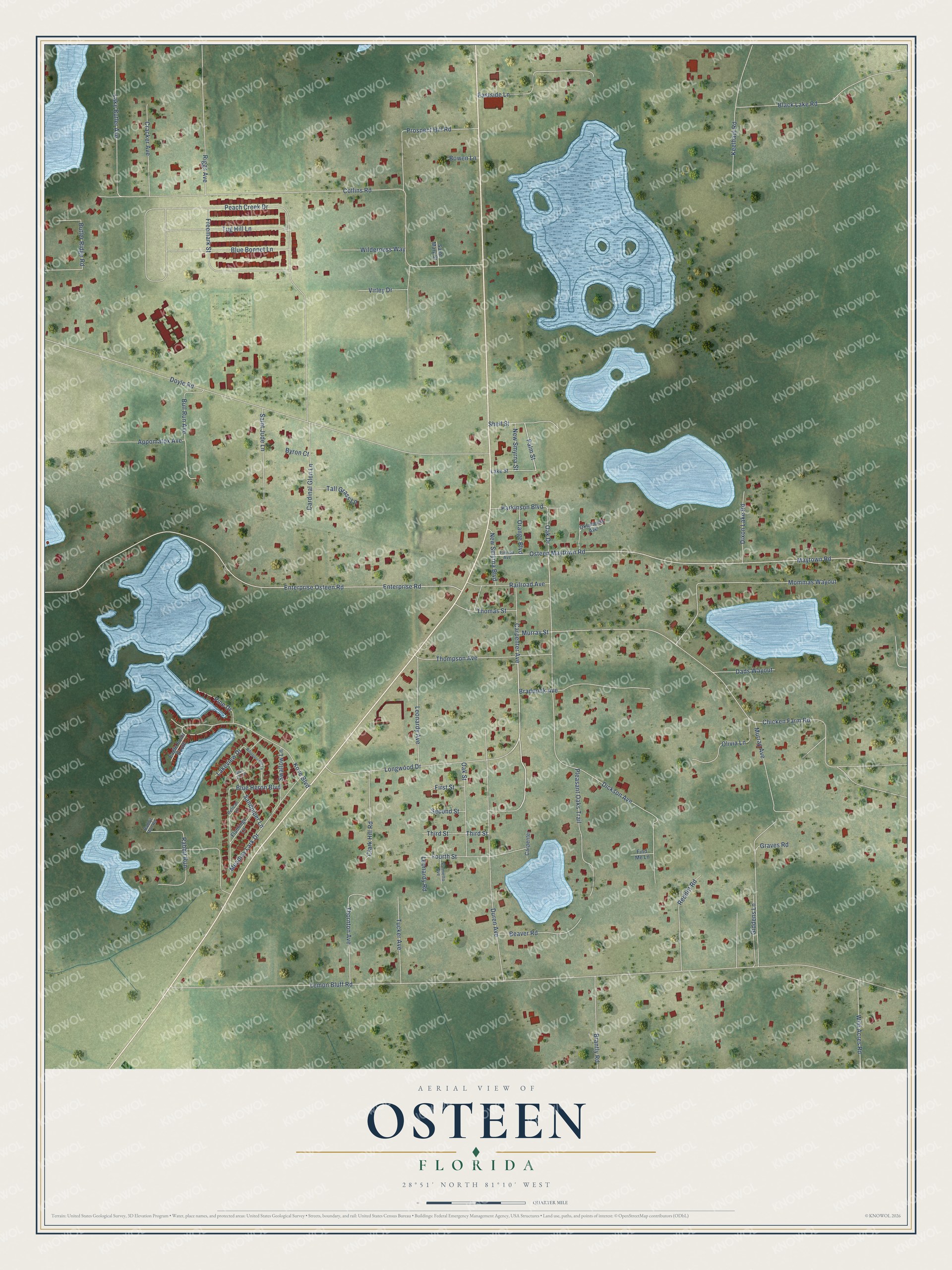 Full map of Osteen, Florida, with red buildings, printed street names and the land around them