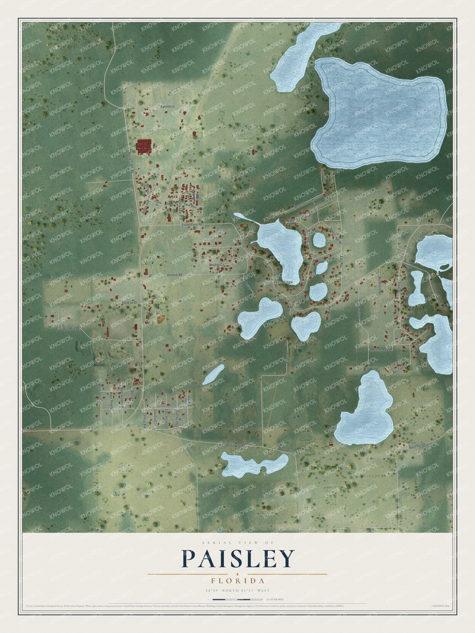 Full map of Paisley, Florida, with red buildings, printed street names and the land around them