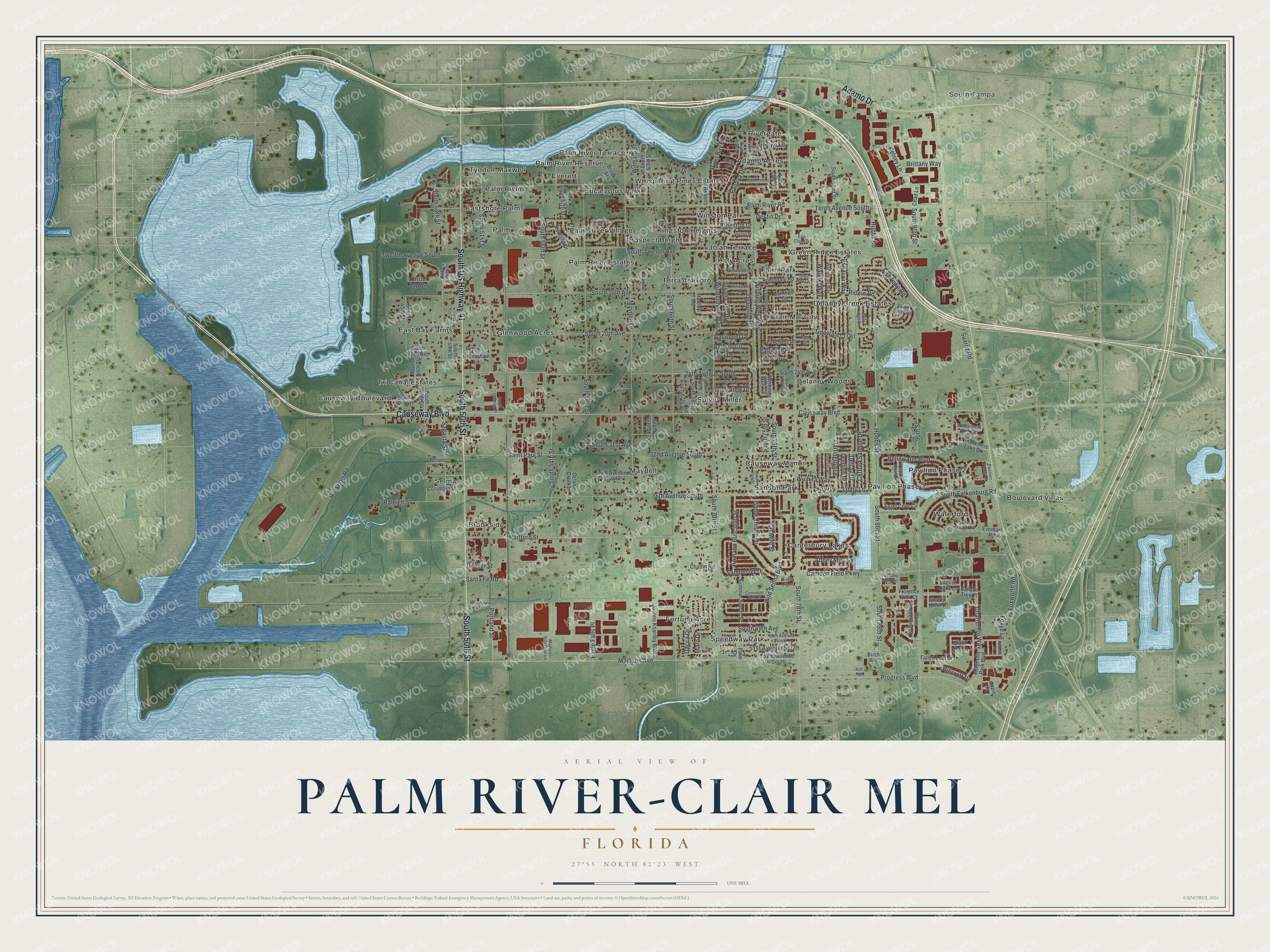 Full map of Palm River-Clair Mel, Florida, with red buildings, printed street names and the land around them