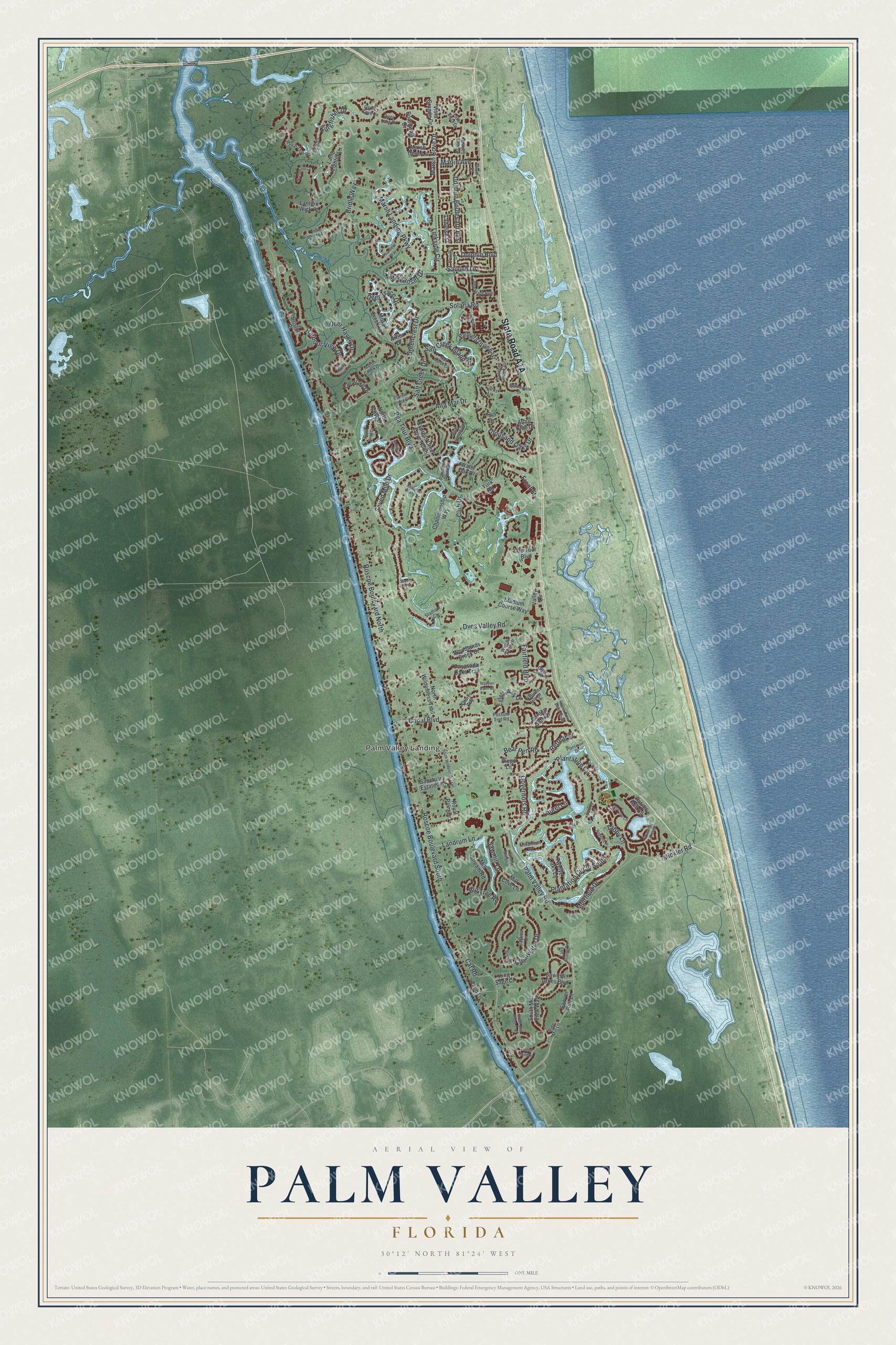Full map of Palm Valley, Florida, with red buildings, printed street names and the land around them