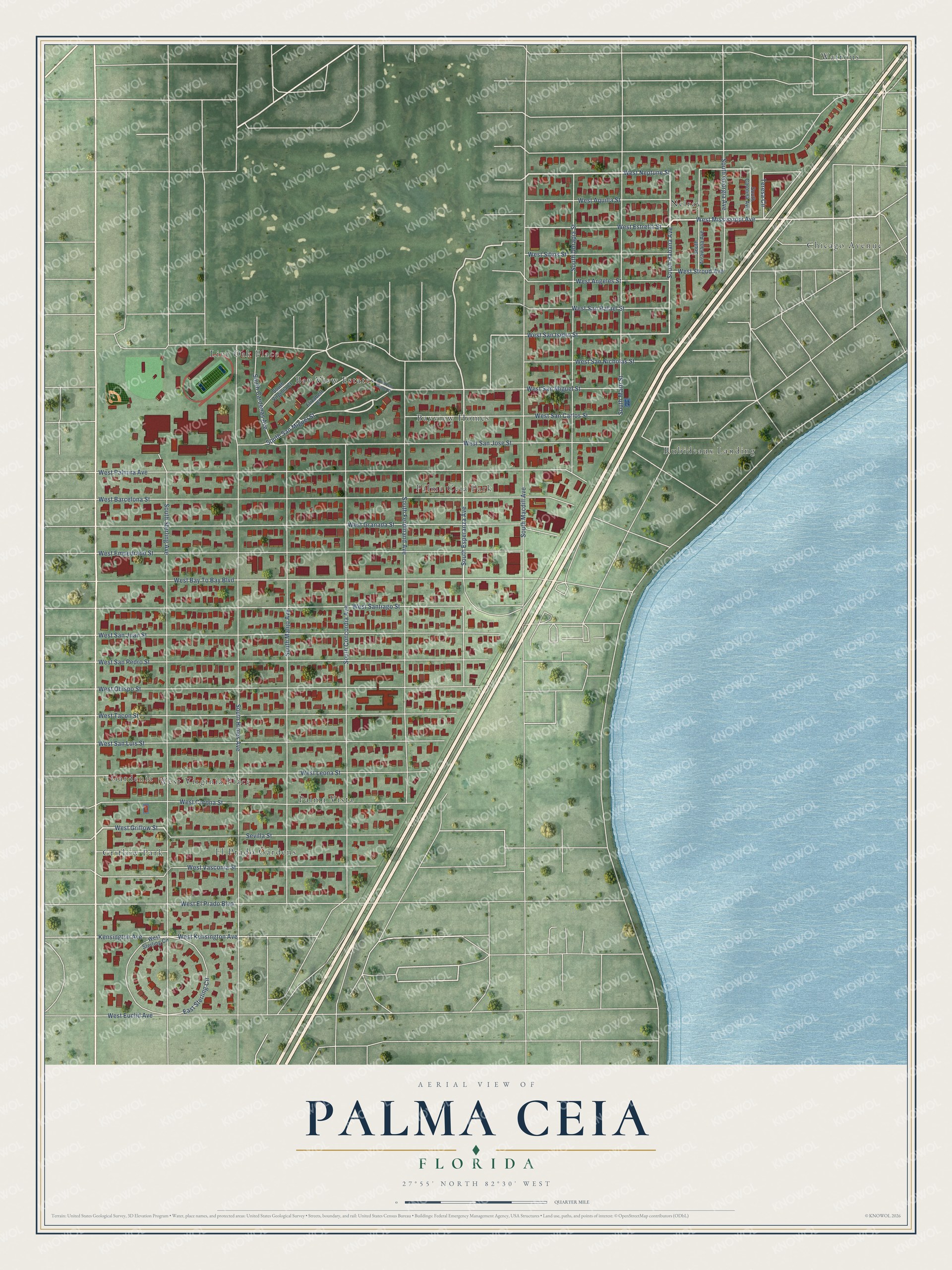 Full map of Palma Ceia, Florida, with red buildings, printed street names and the land around them