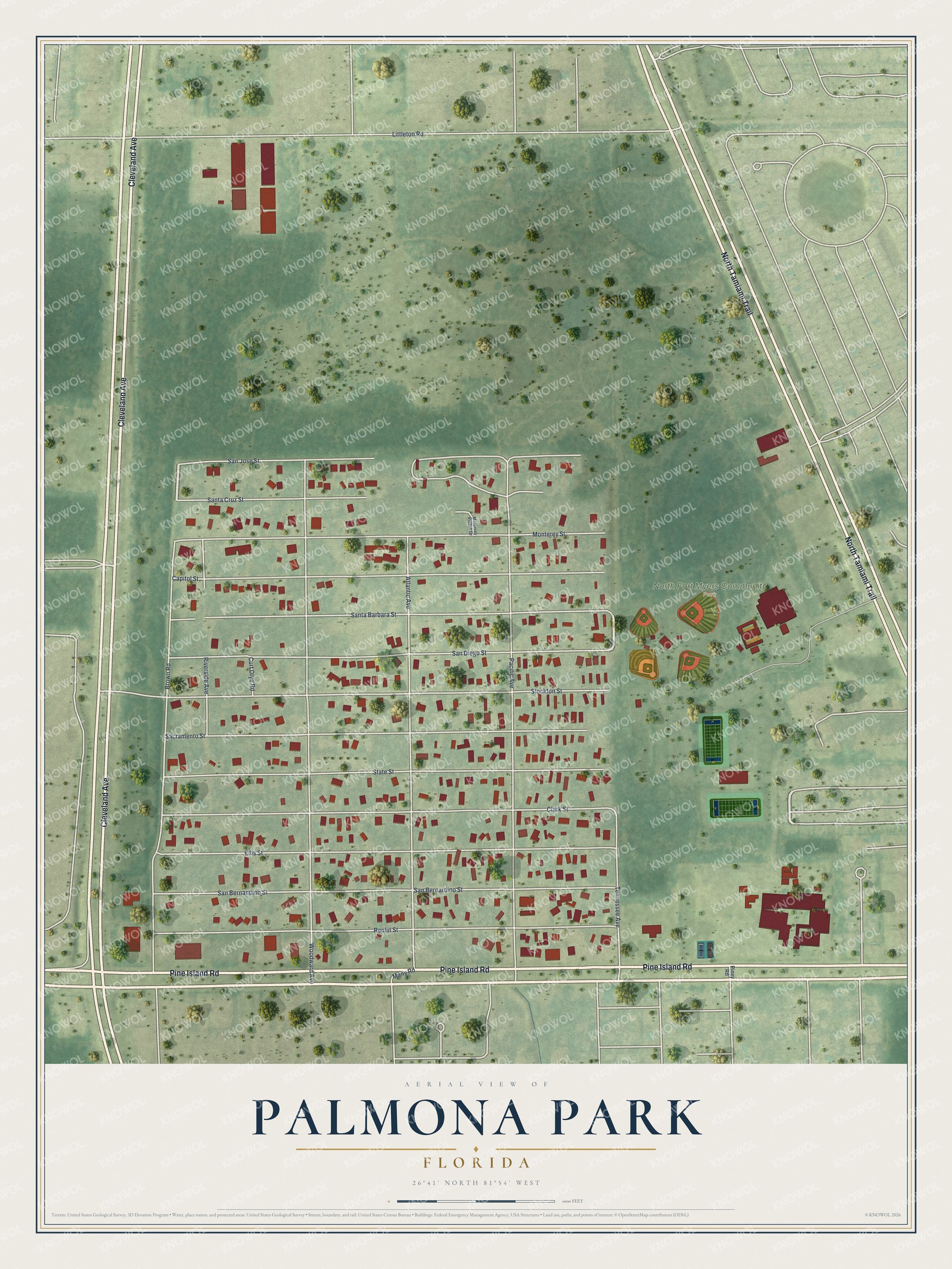 Full map of Palmona Park, Florida, with red buildings, printed street names and the land around them