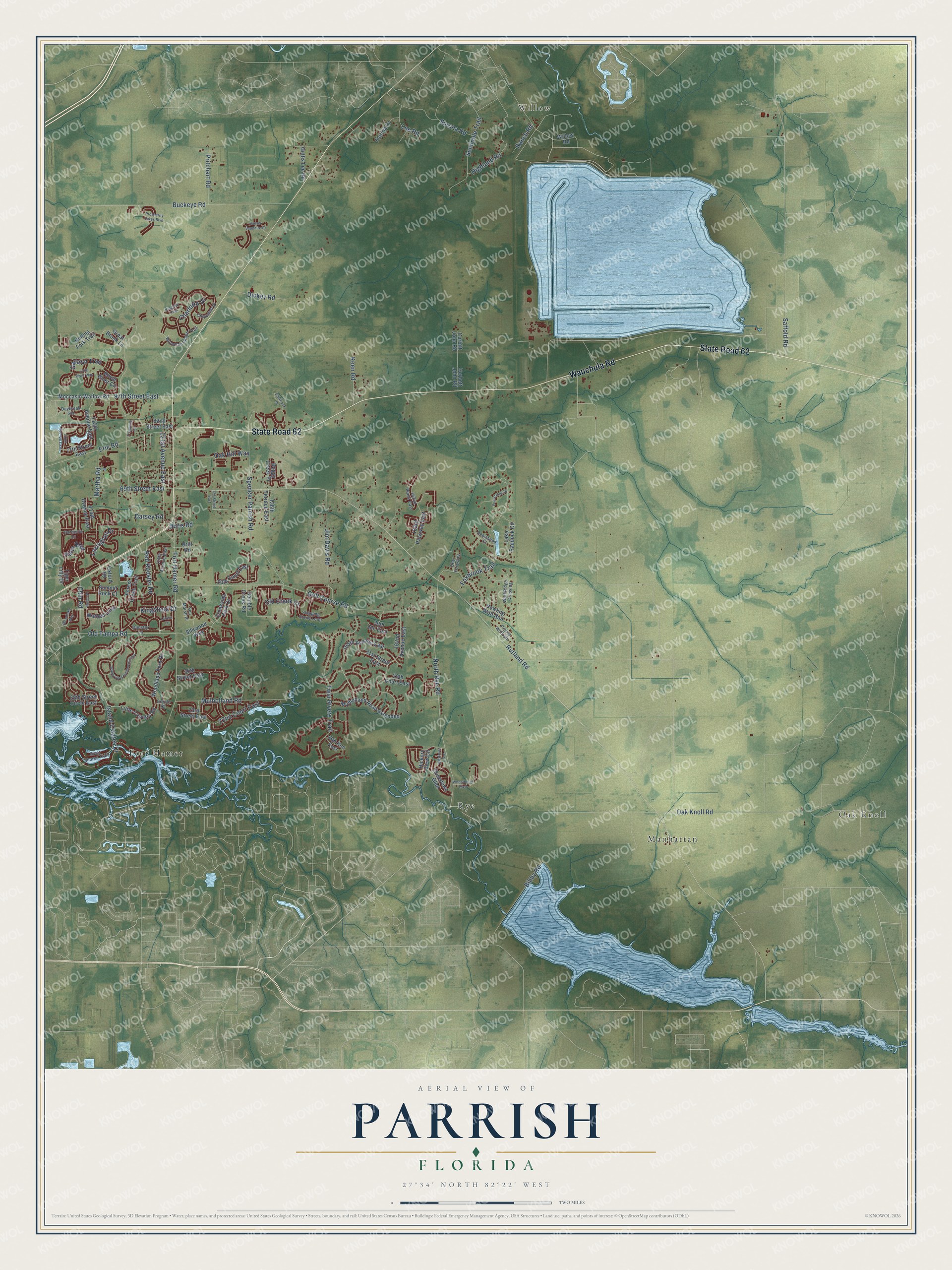 Full map of Parrish, Florida, with red buildings, printed street names and the land around them