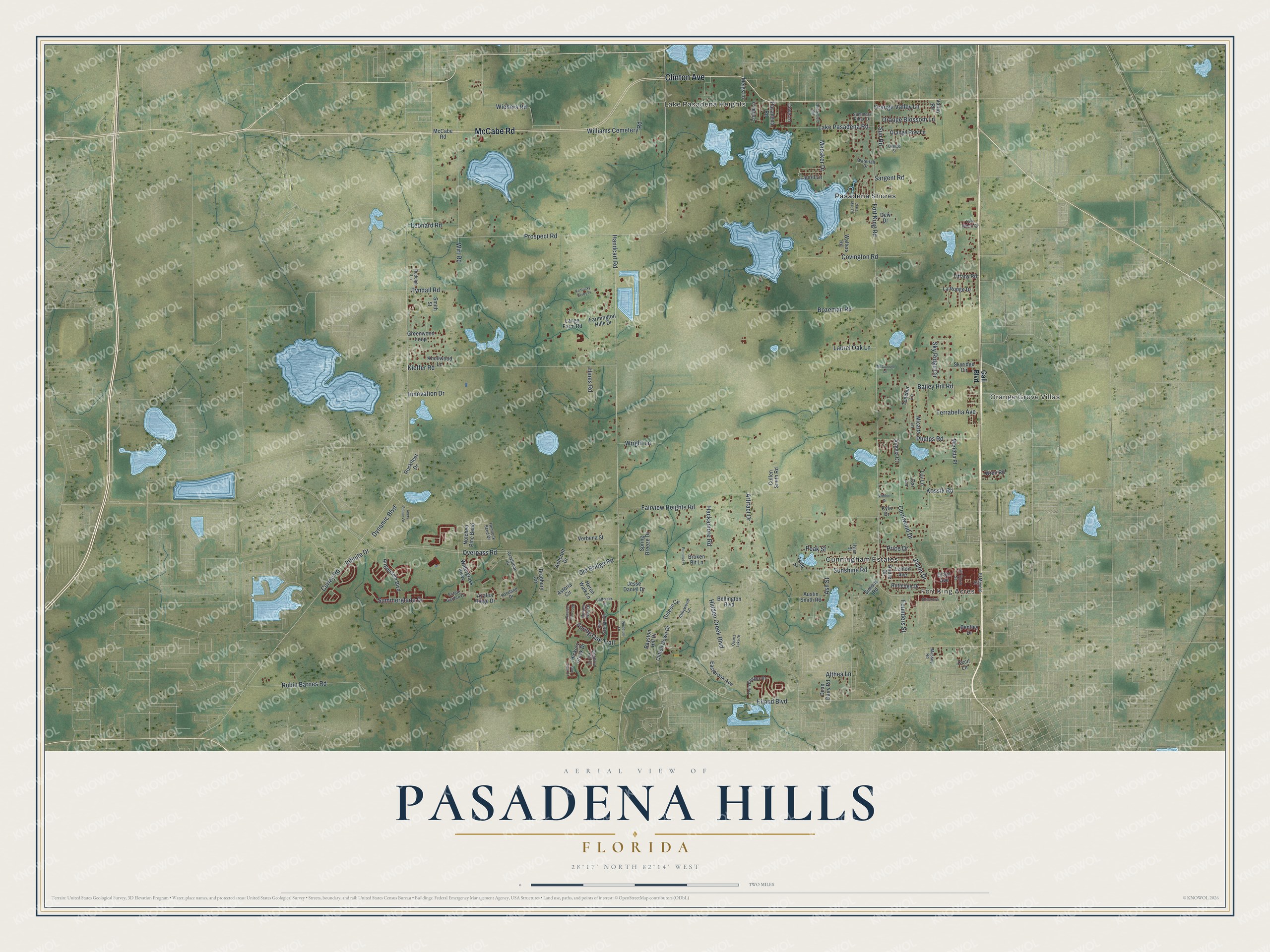 Full map of Pasadena Hills, Florida, with red buildings, printed street names and the land around them