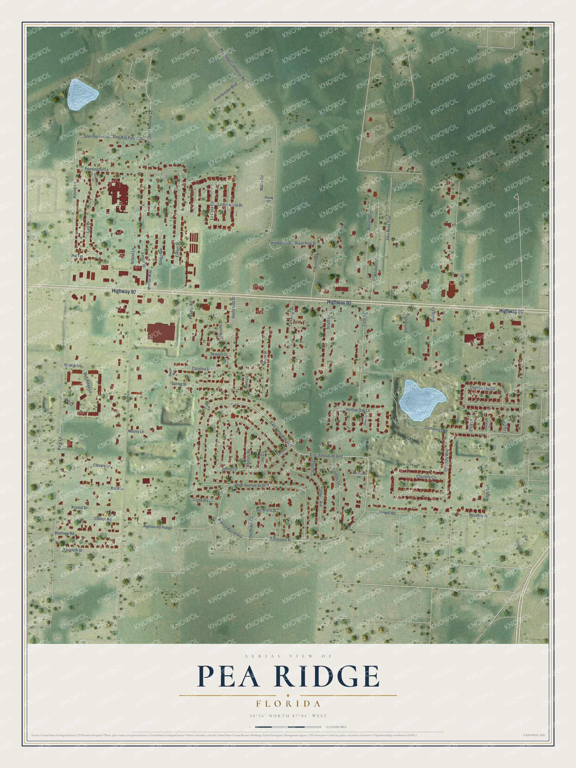 Full map of Pea Ridge, Florida, with red buildings, printed street names and the land around them