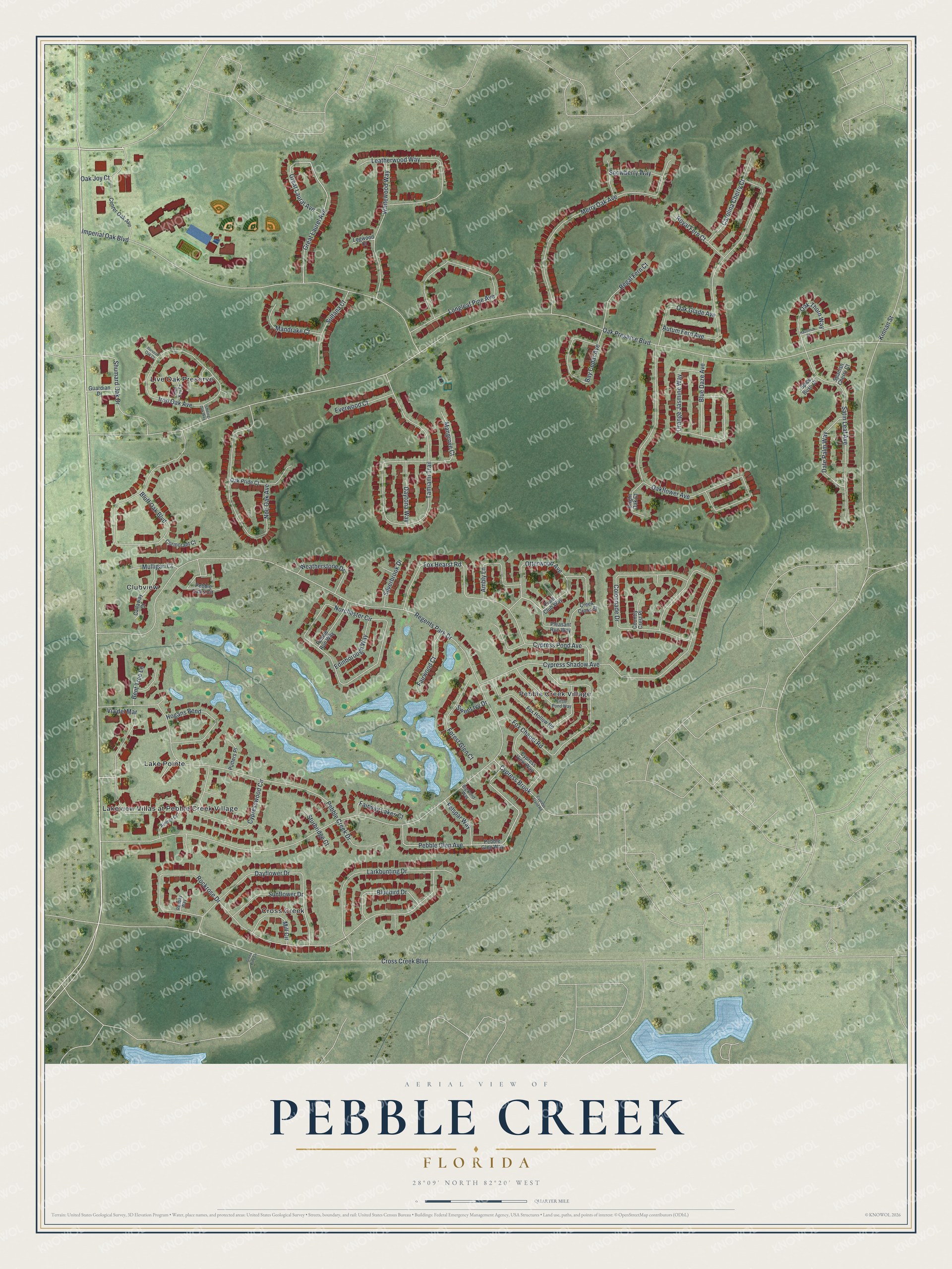Full map of Pebble Creek, Florida, with red buildings, printed street names and the land around them