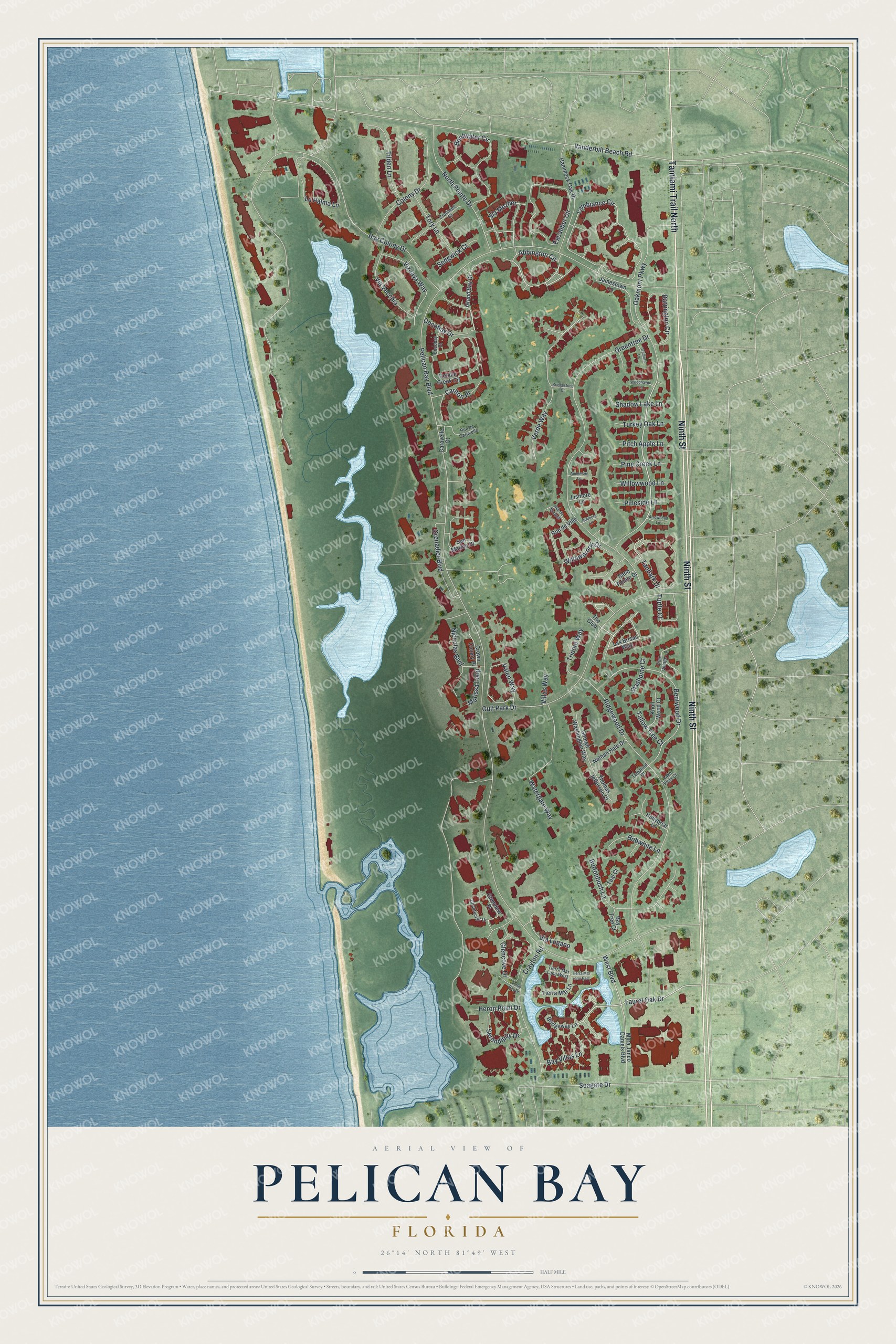 Full map of Pelican Bay, Florida, with red buildings, printed street names and the land around them