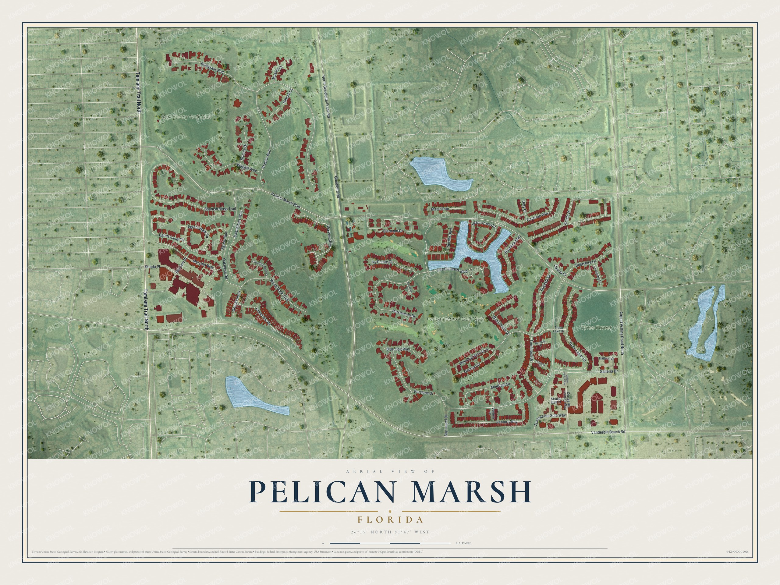 Full map of Pelican Marsh, Florida, with red buildings, printed street names and the land around them