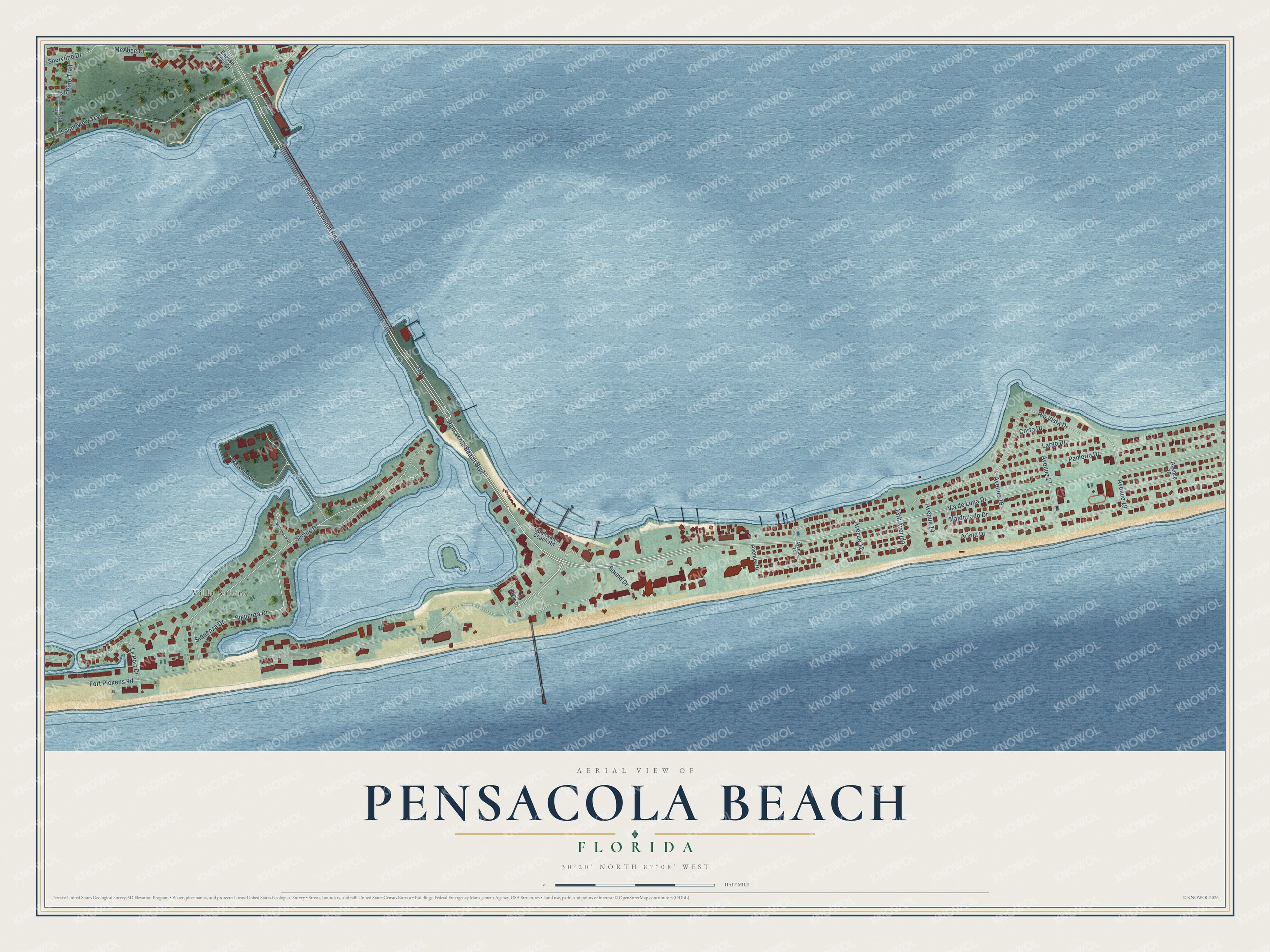 Full map of Pensacola Beach, Florida, with red buildings, printed street names and the land around them