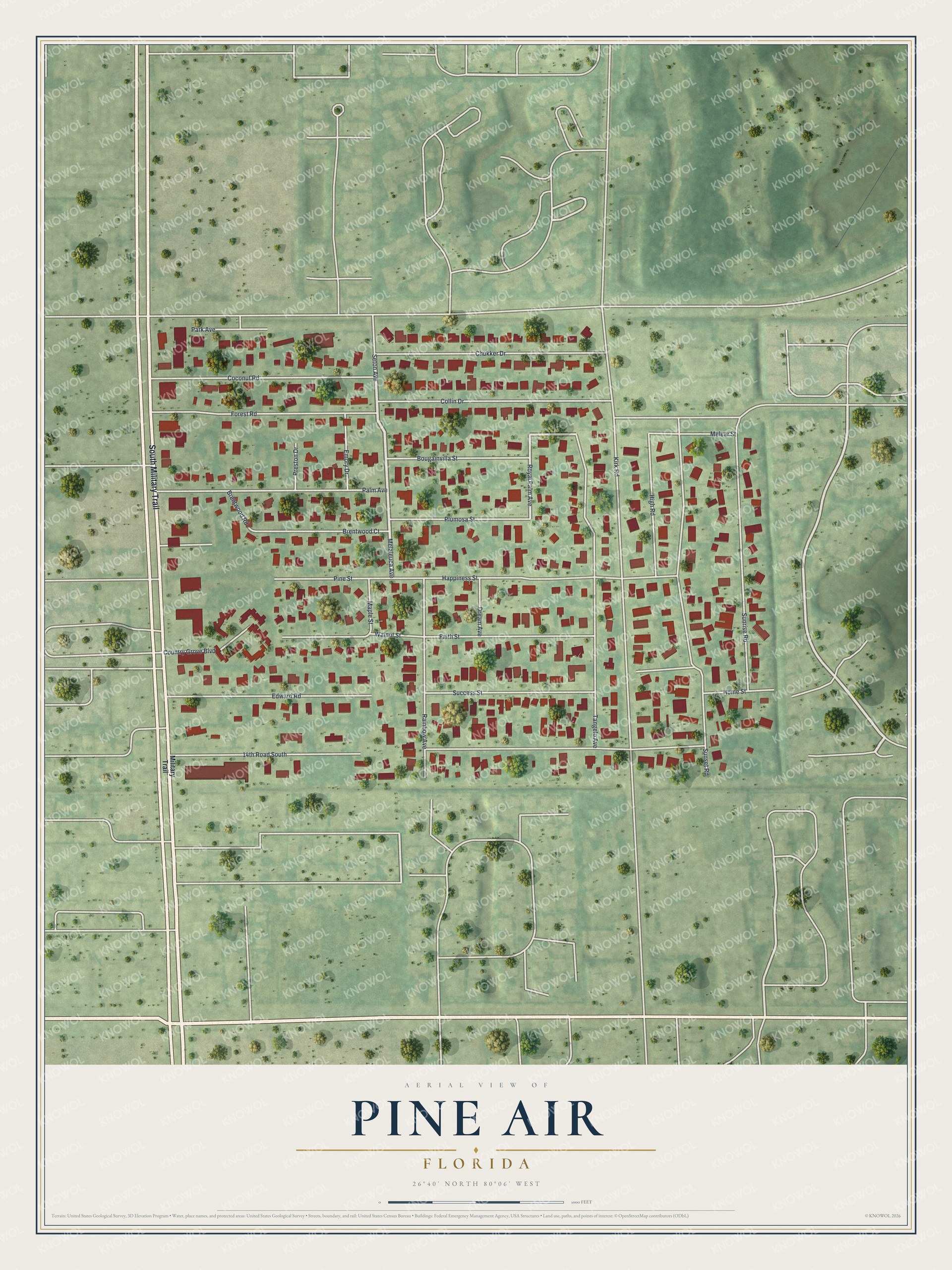 Full map of Pine Air, Florida, with red buildings, printed street names and the land around them
