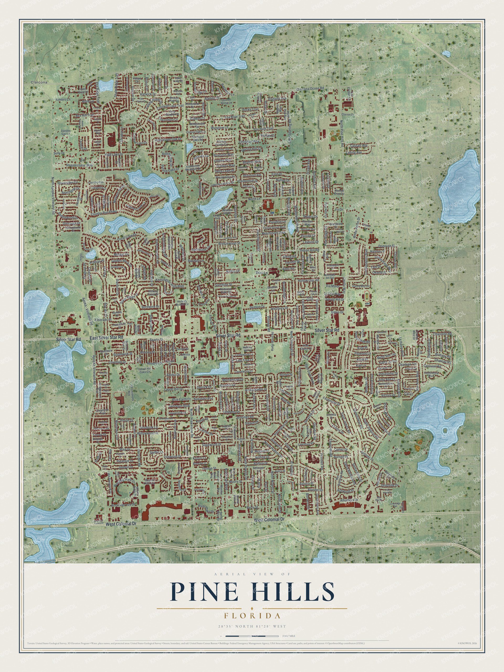 Full map of Pine Hills, Florida, with red buildings, printed street names and the land around them