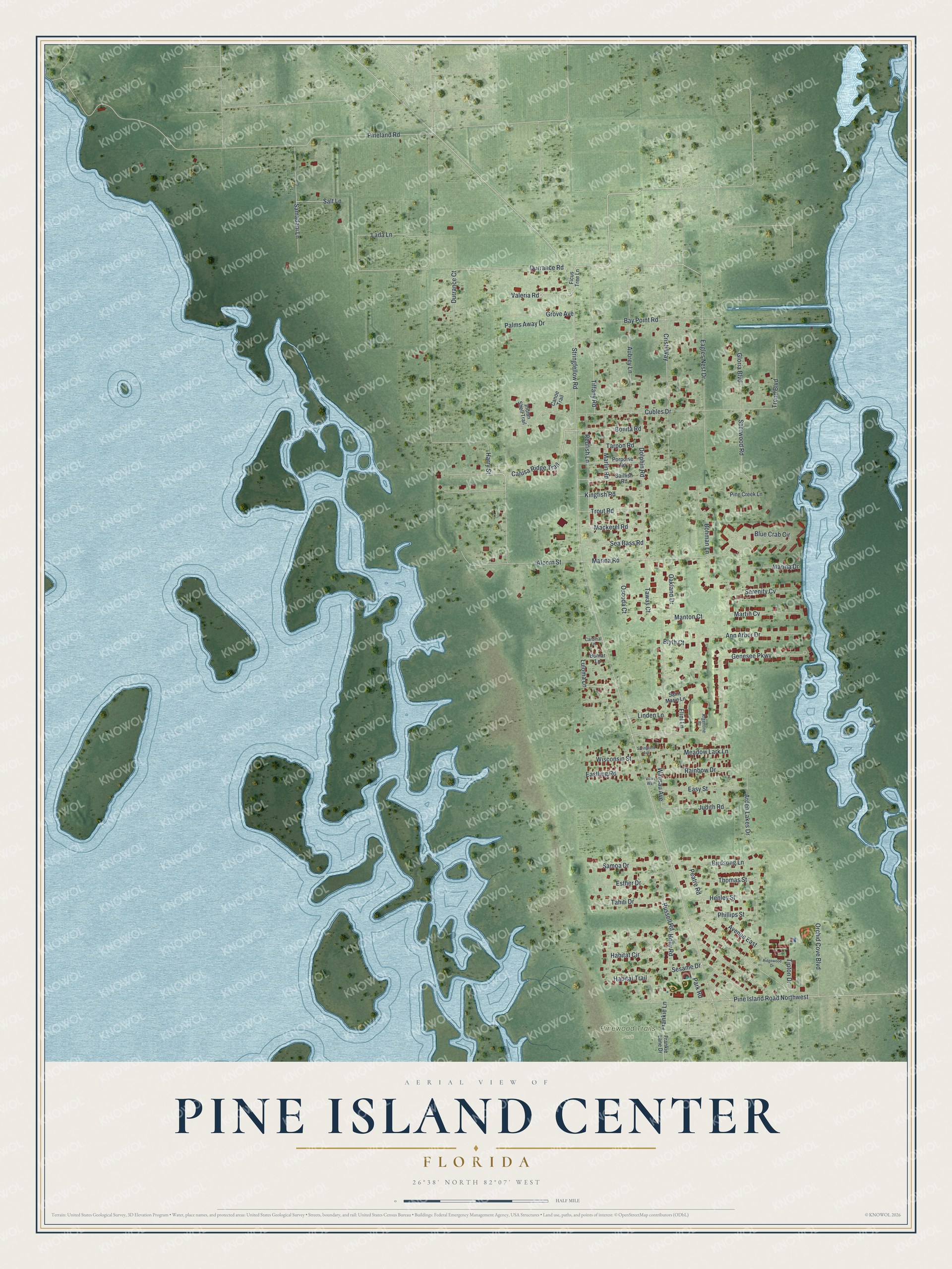 Full map of Pine Island Center, Florida, with red buildings, printed street names and the land around them