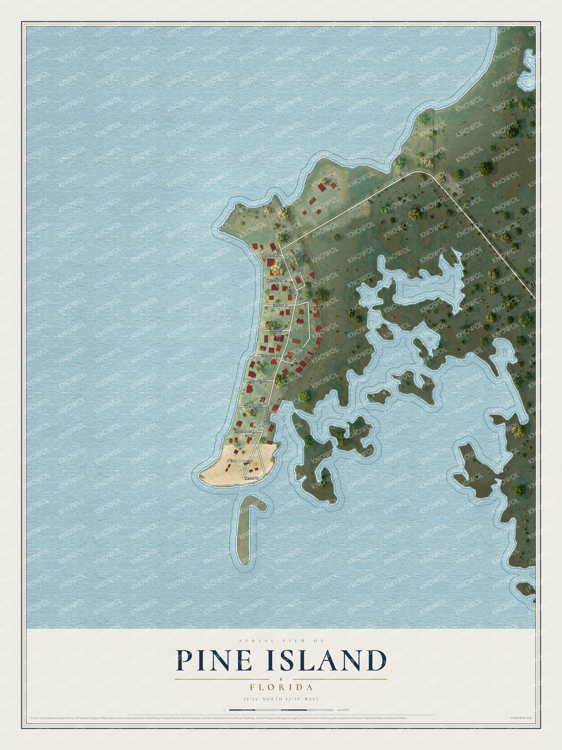Full map of Pine Island, Florida, with red buildings, printed street names and the land around them
