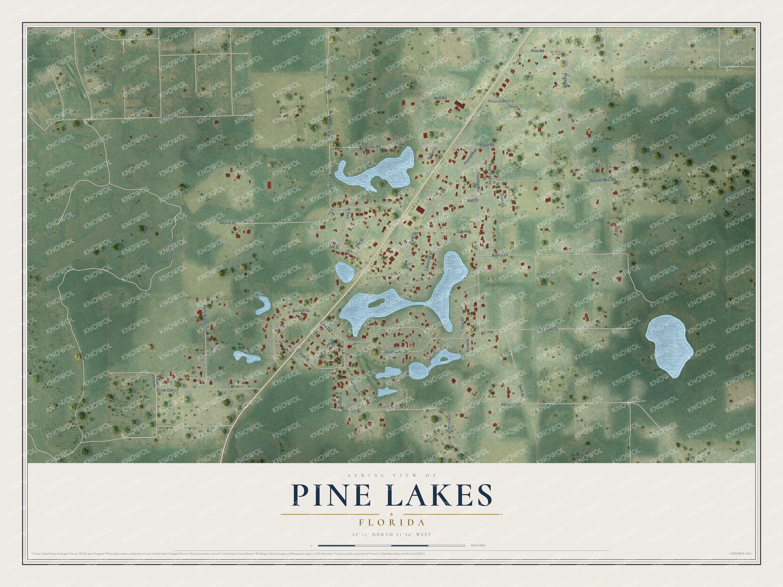 Full map of Pine Lakes, Florida, with red buildings, printed street names and the land around them