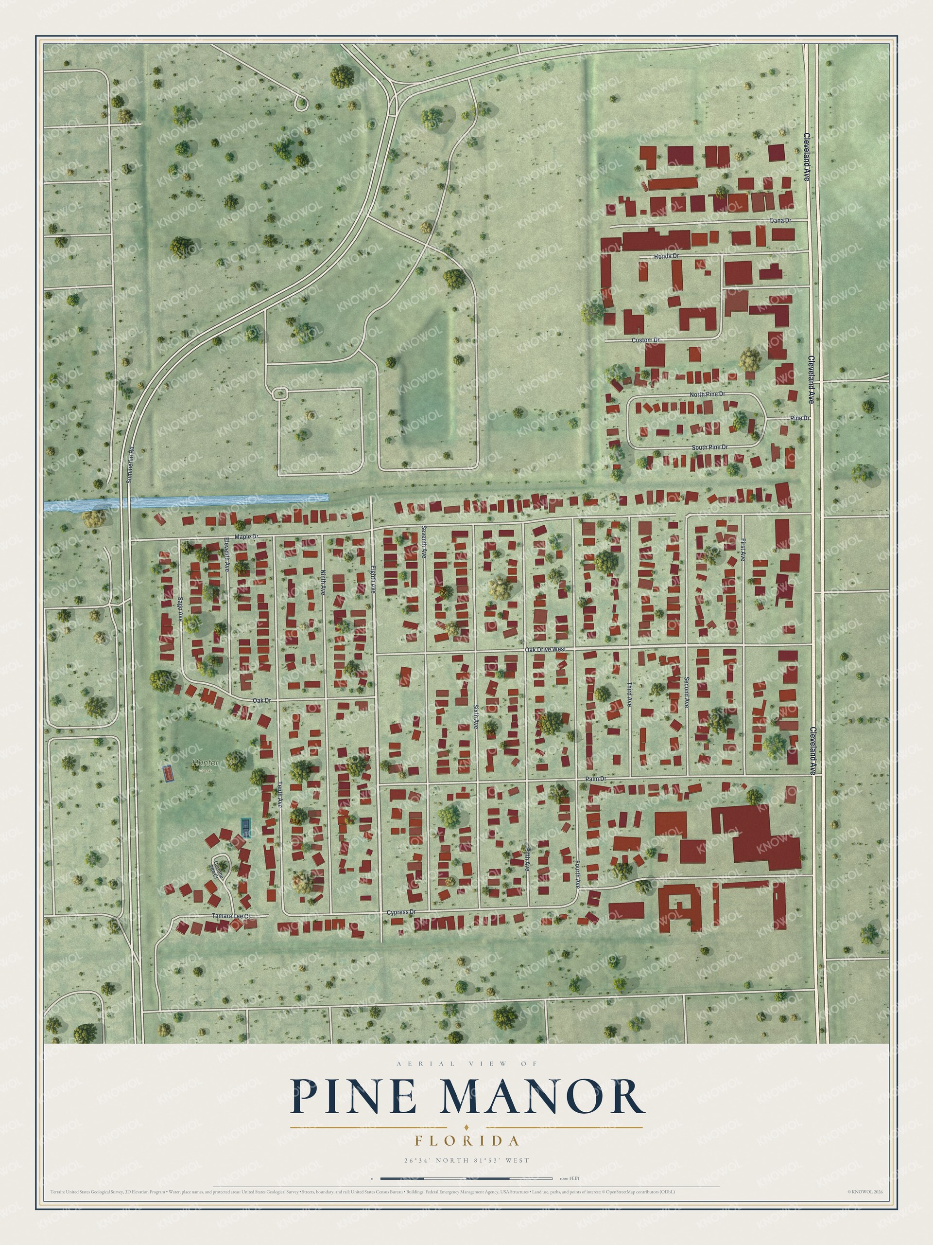 Full map of Pine Manor, Florida, with red buildings, printed street names and the land around them