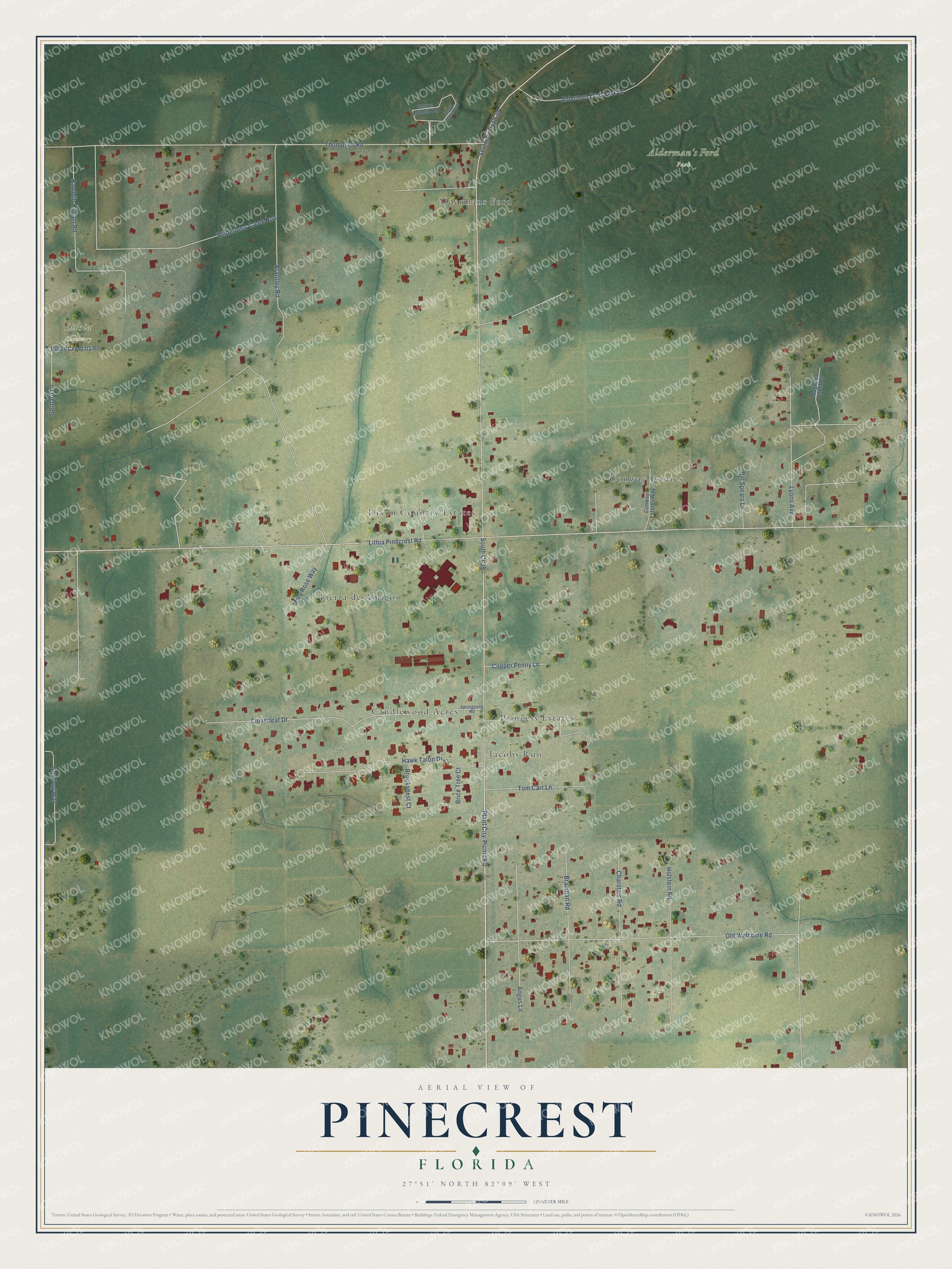 Full map of Pinecrest, Florida, with red buildings, printed street names and the land around them