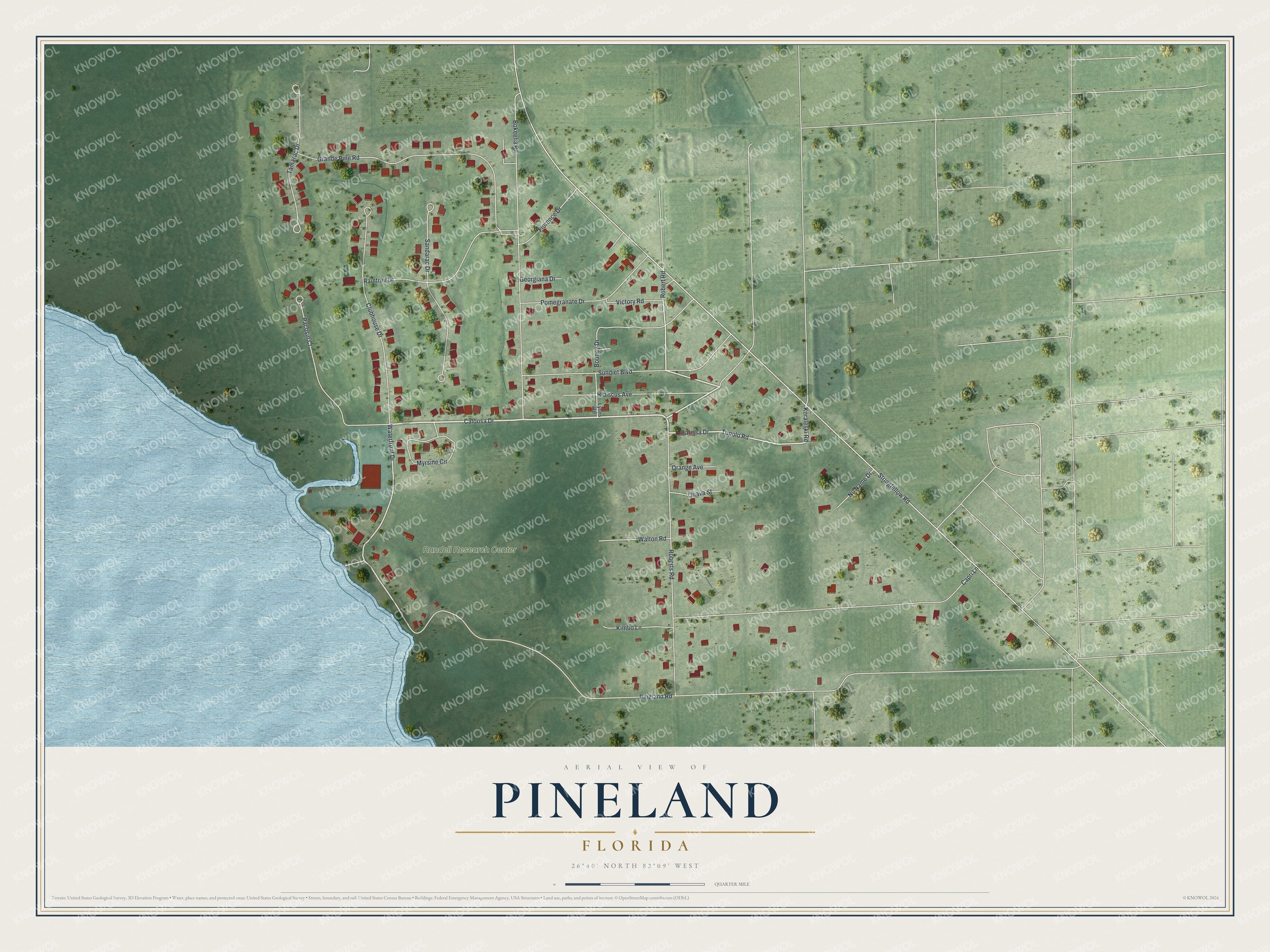 Full map of Pineland, Florida, with red buildings, printed street names and the land around them