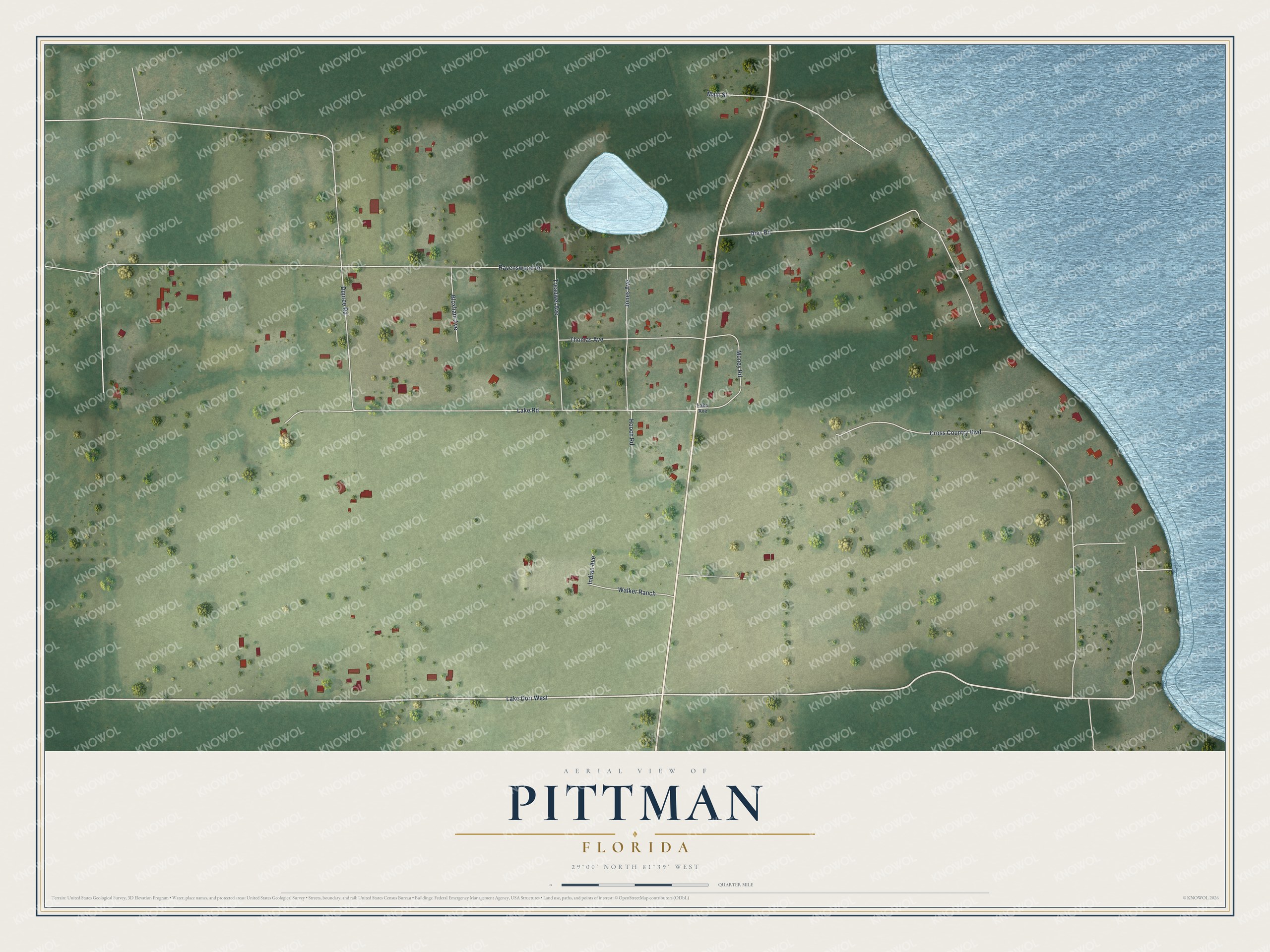 Full map of Pittman, Florida, with red buildings, printed street names and the land around them