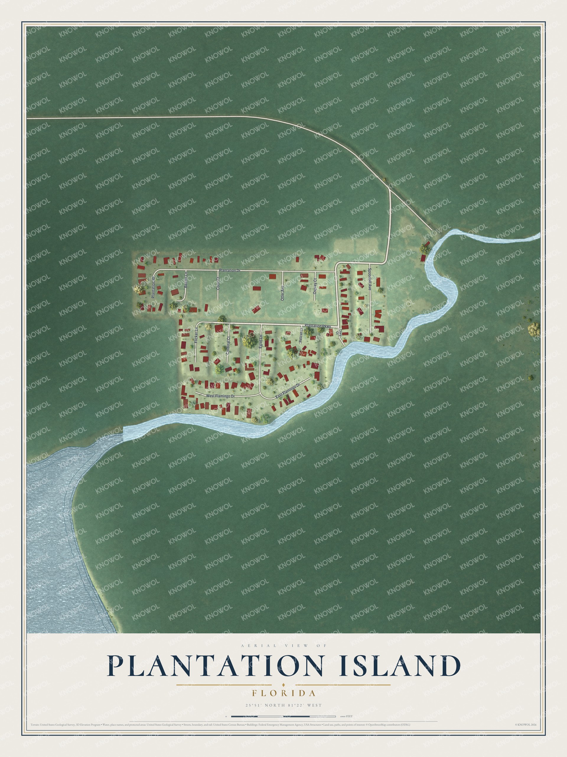 Full map of Plantation Island, Florida, with red buildings, printed street names and the land around them