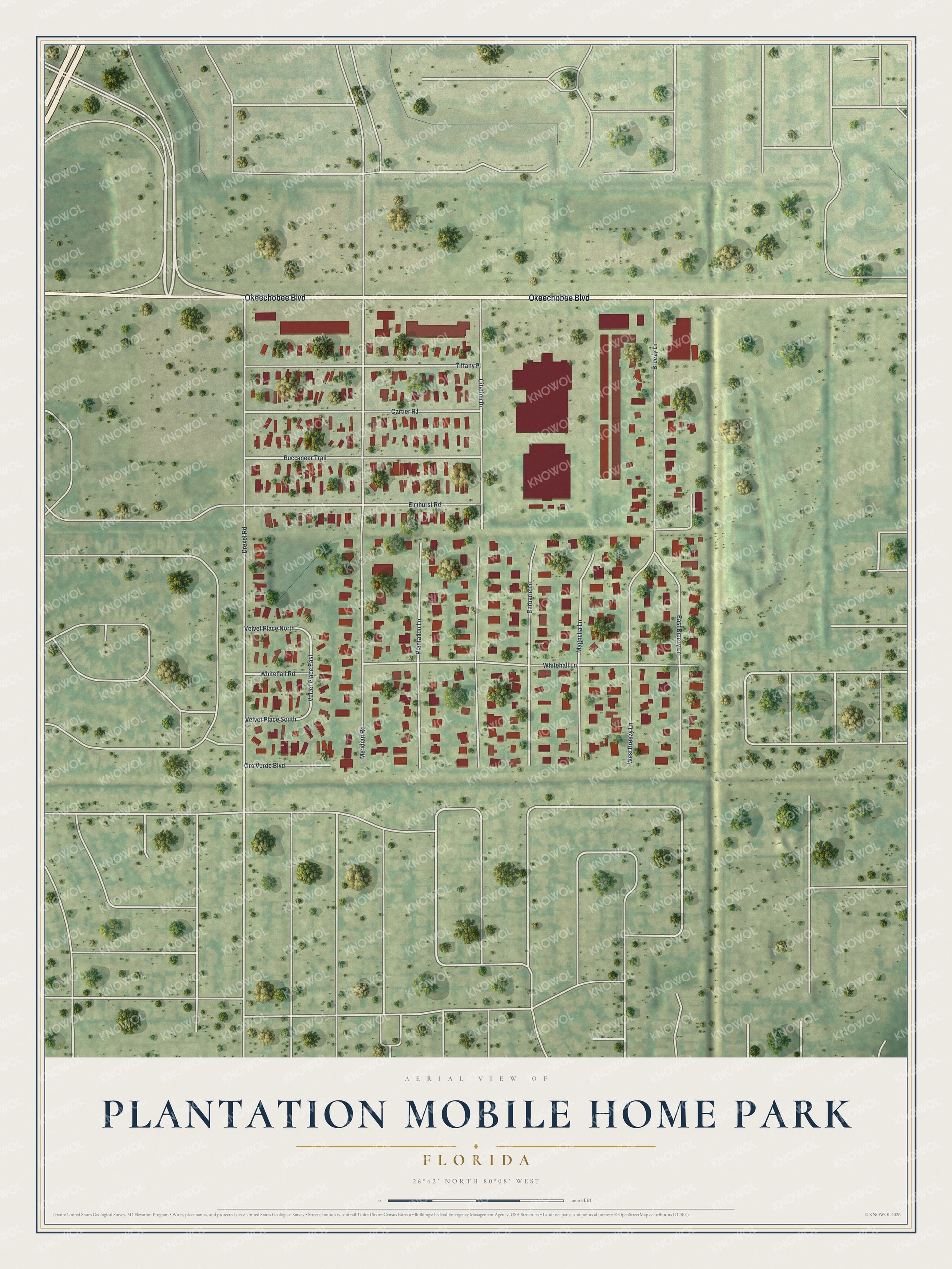 Full map of Plantation Mobile Home Park, Florida, with red buildings, printed street names and the land around them