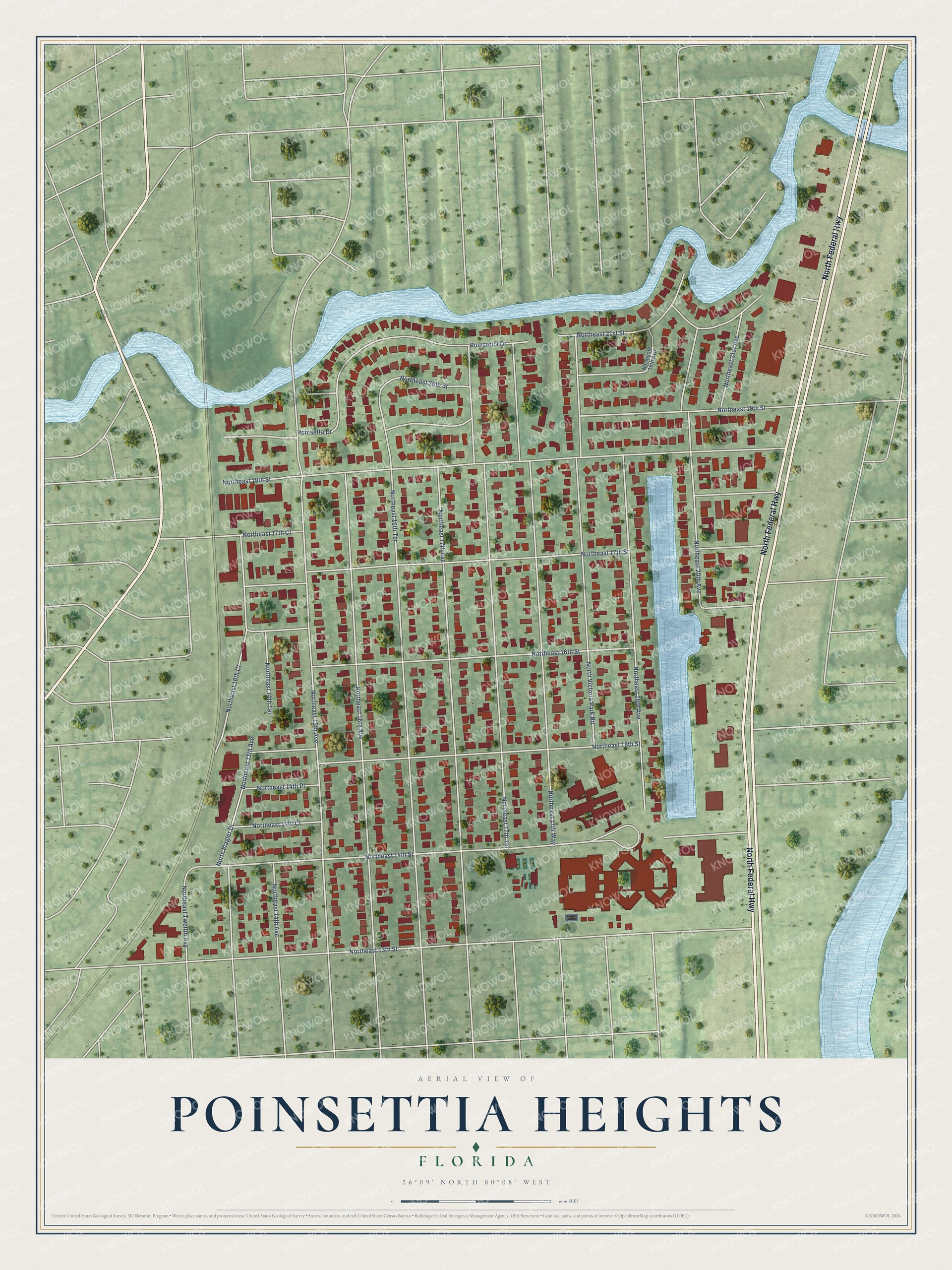 Full map of Poinsettia Heights, Florida, with red buildings, printed street names and the land around them