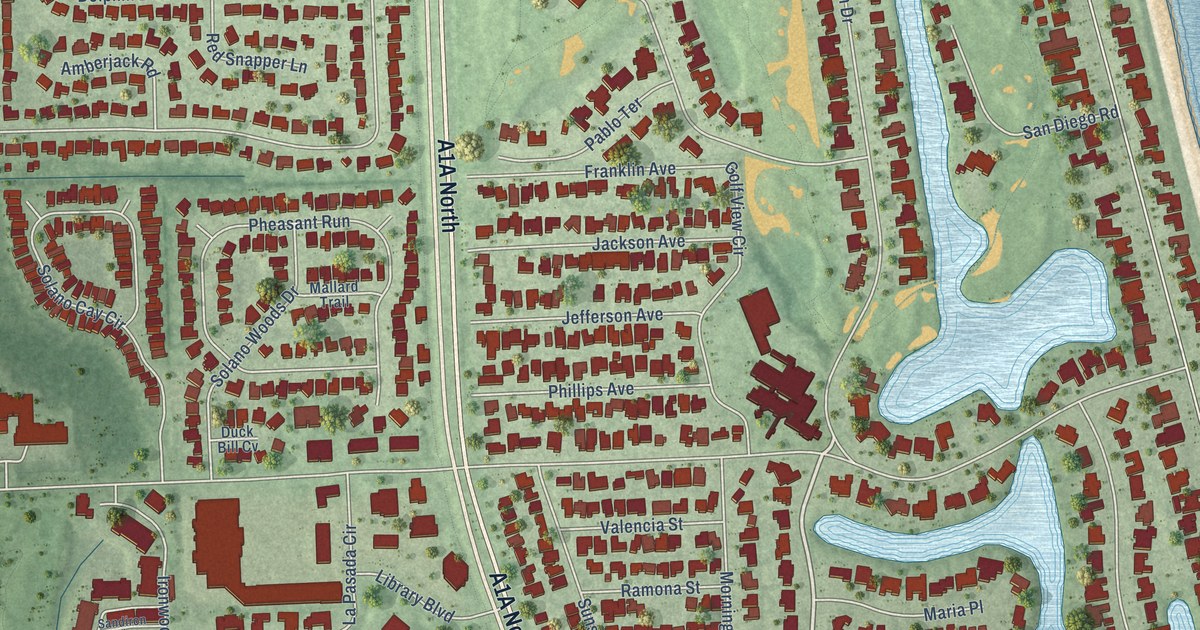 Close-up of streets and buildings in Ponte Vedra, Florida