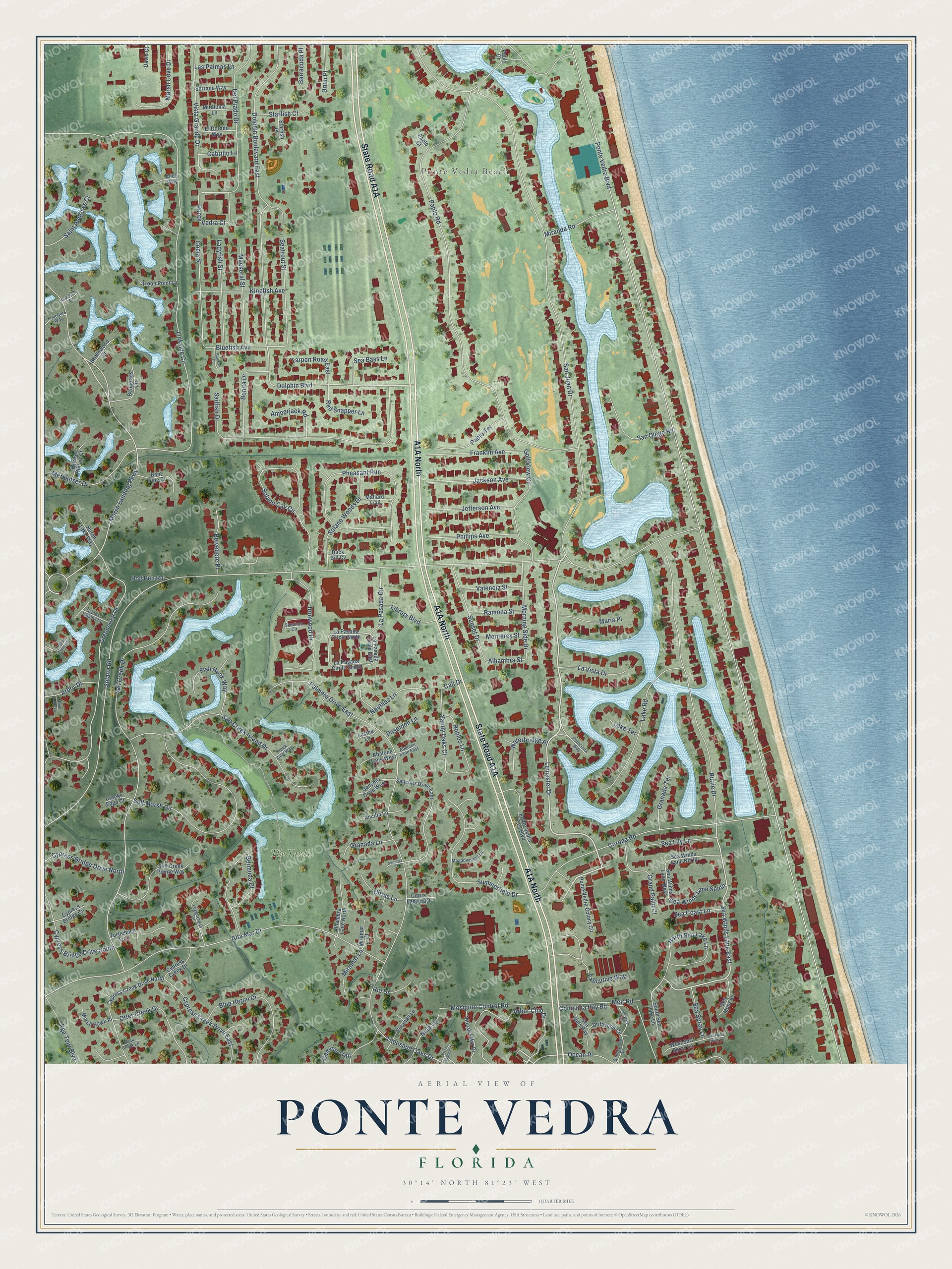 Full map of Ponte Vedra, Florida, with red buildings, printed street names and the land around them
