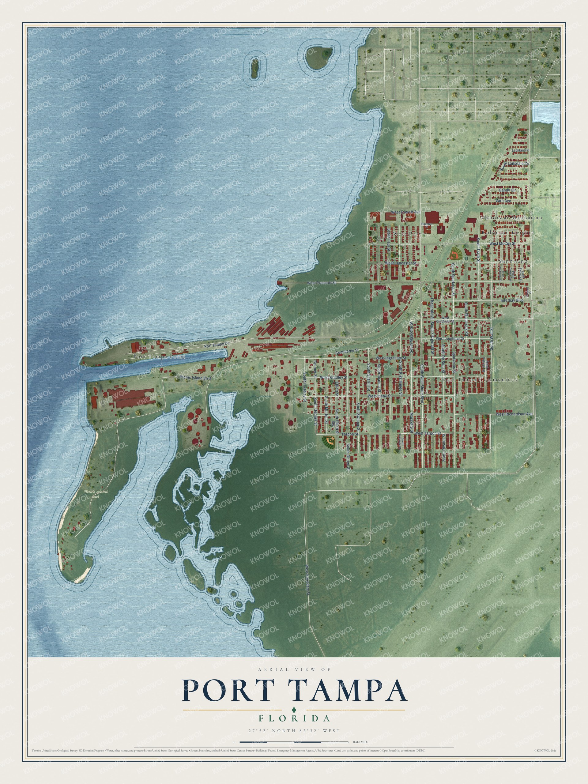 Full map of Port Tampa, Florida, with red buildings, printed street names and the land around them