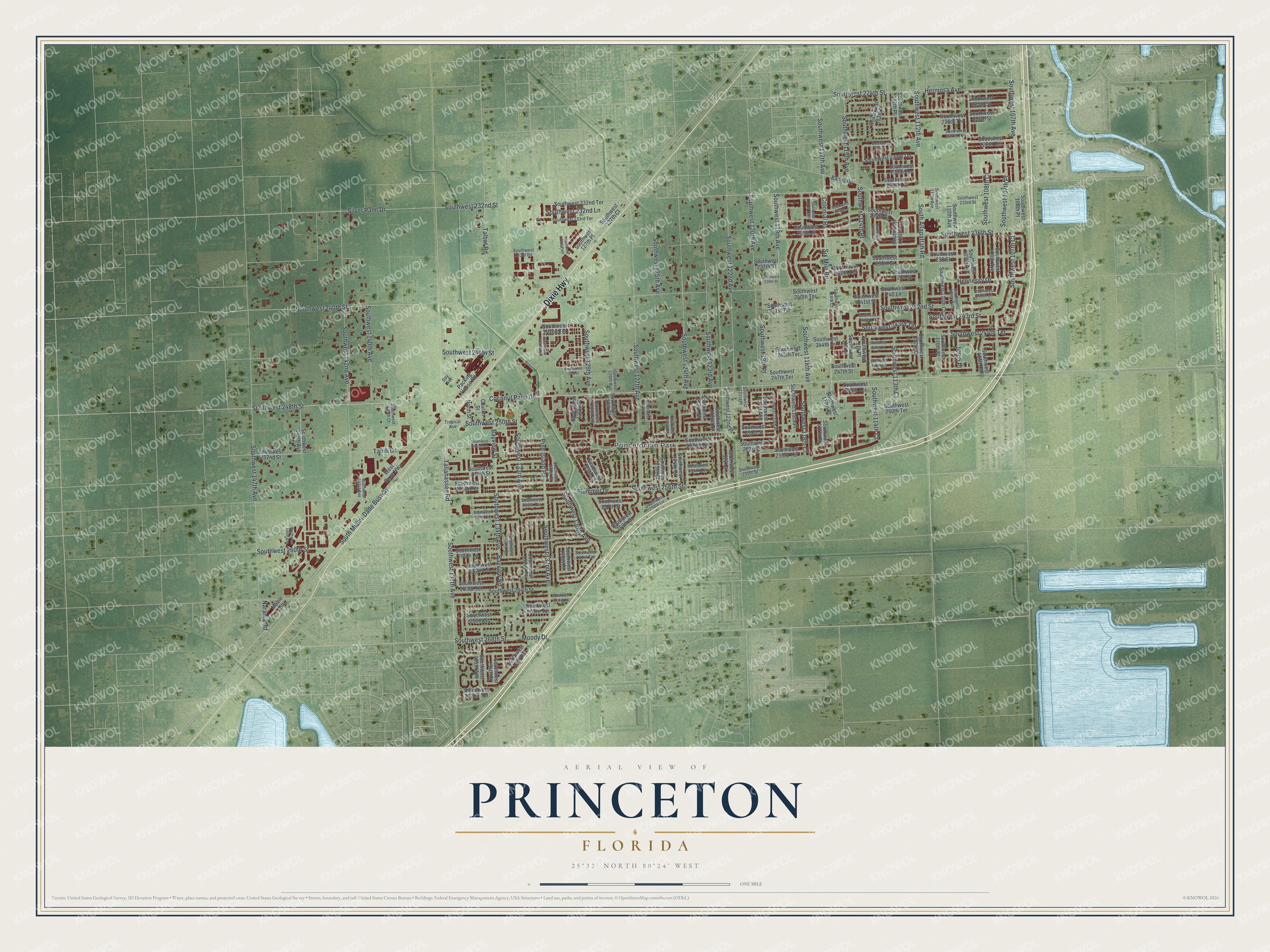Full map of Princeton, Florida, with red buildings, printed street names and the land around them