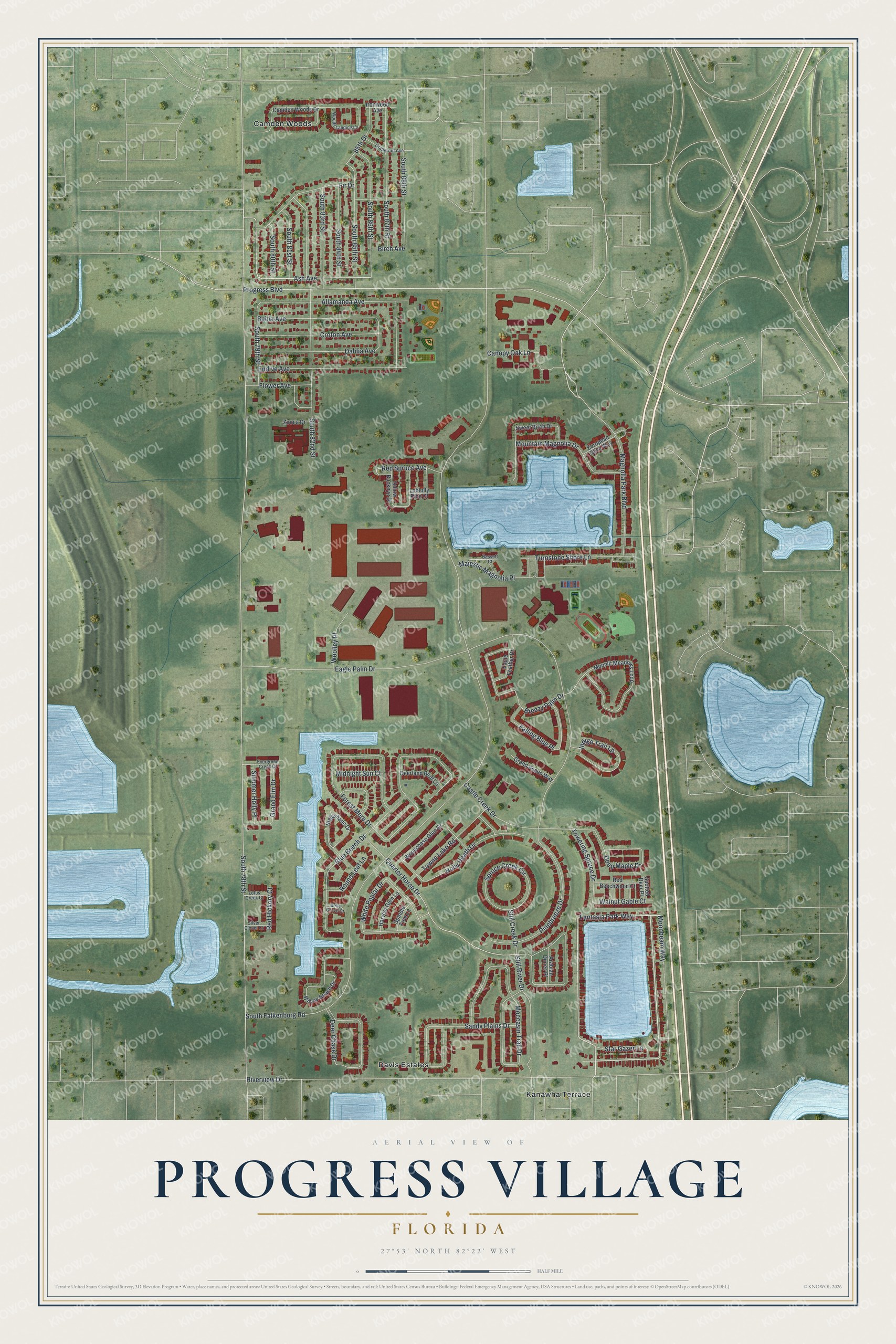 Full map of Progress Village, Florida, with red buildings, printed street names and the land around them
